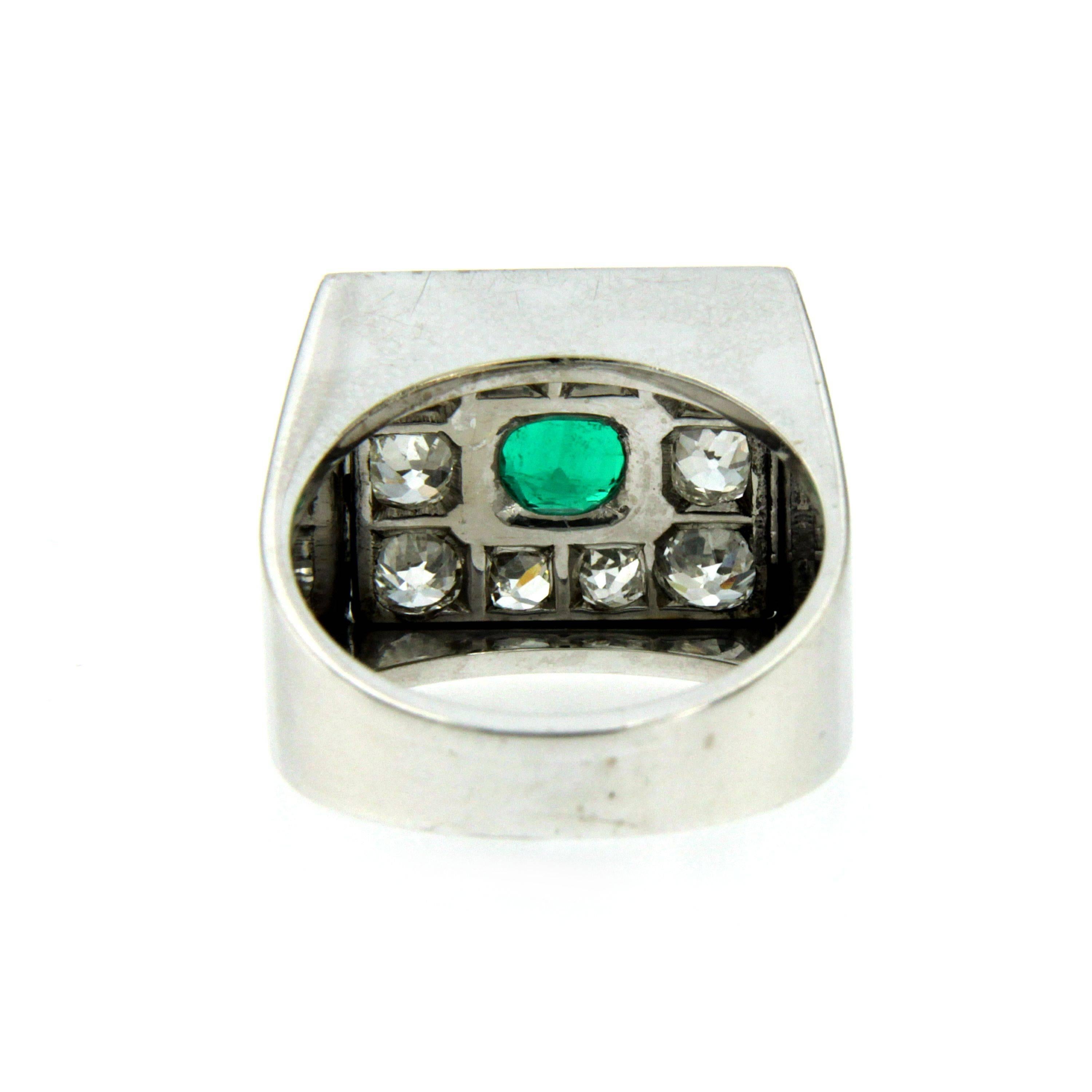 Women's Art Deco Colombian Emerald Diamond Platinum Ring