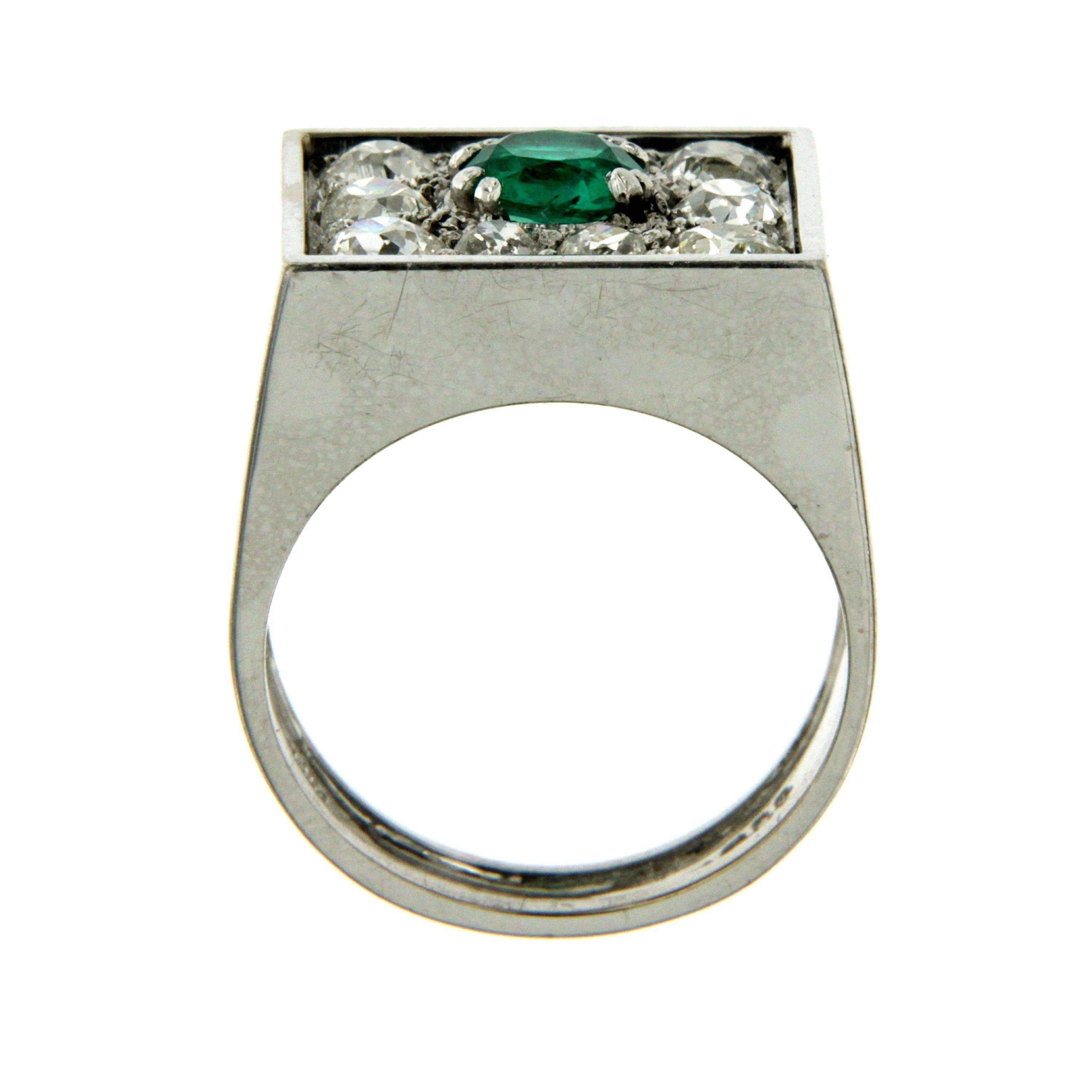 Art Deco Colombian Emerald Diamond Platinum Ring 1