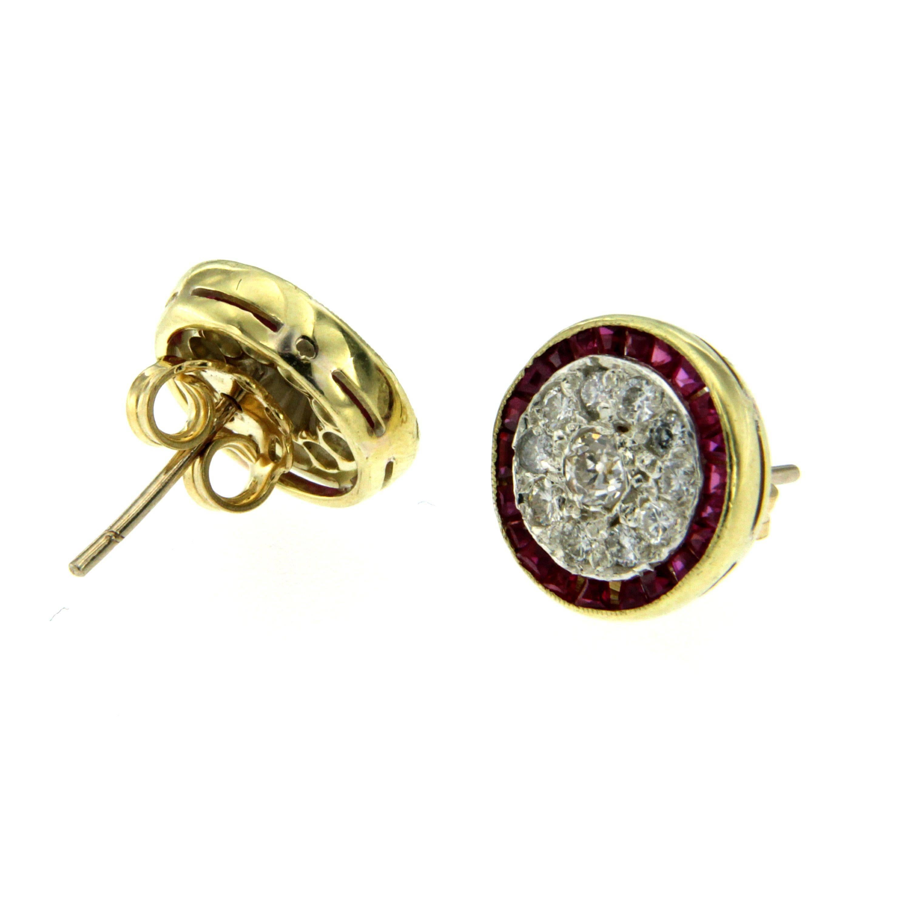 These exquisite stud earrings are adorned at the center with approx. 0.80 cts of round brilliant cut diamonds flanked by custom cut Ruby having a total weight of 0.40 carats. Handcrafted in 18k yellow Gold. Circa 1930

CONDITION: Pre-owned -