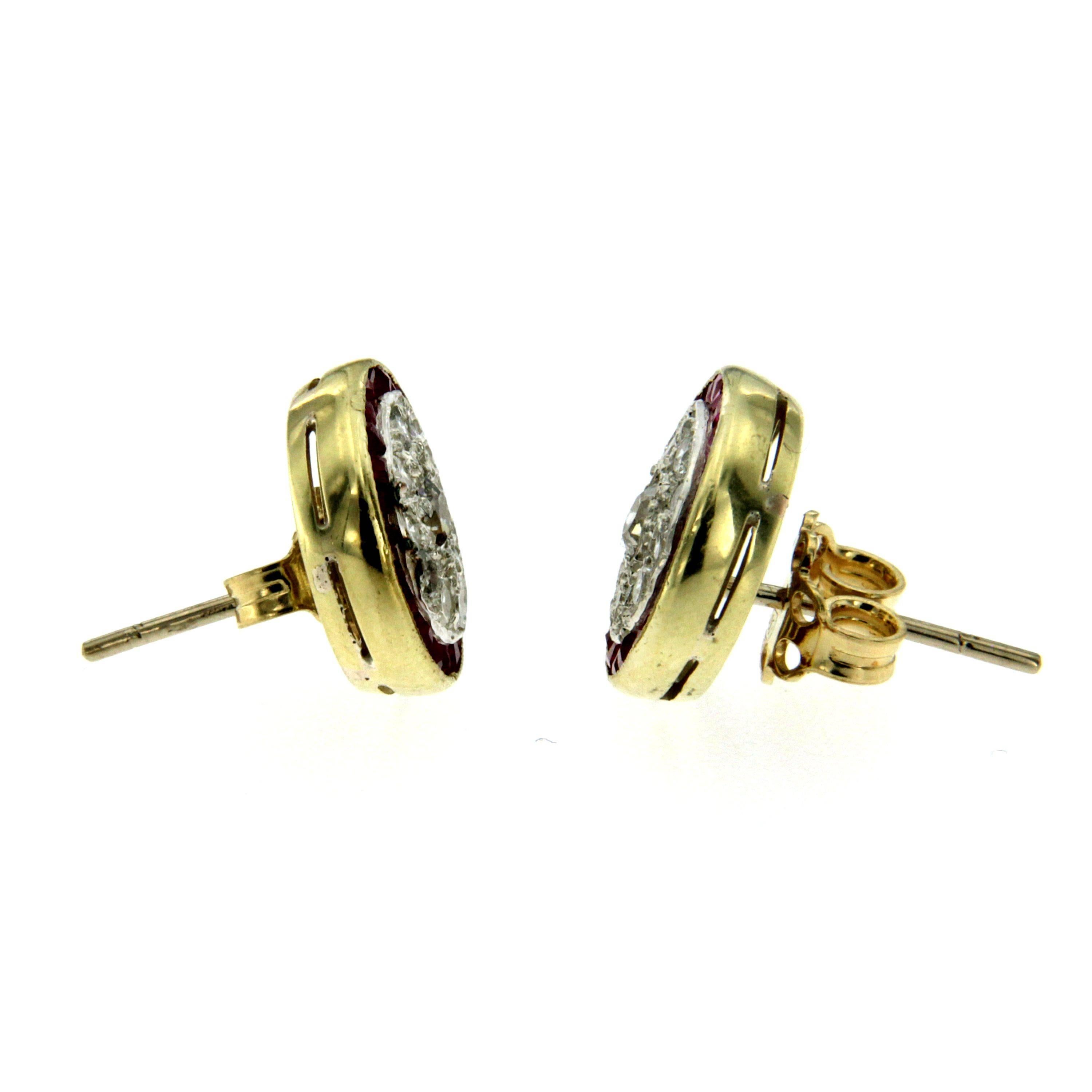 Art Deco Diamond Ruby Gold Stud Earrings