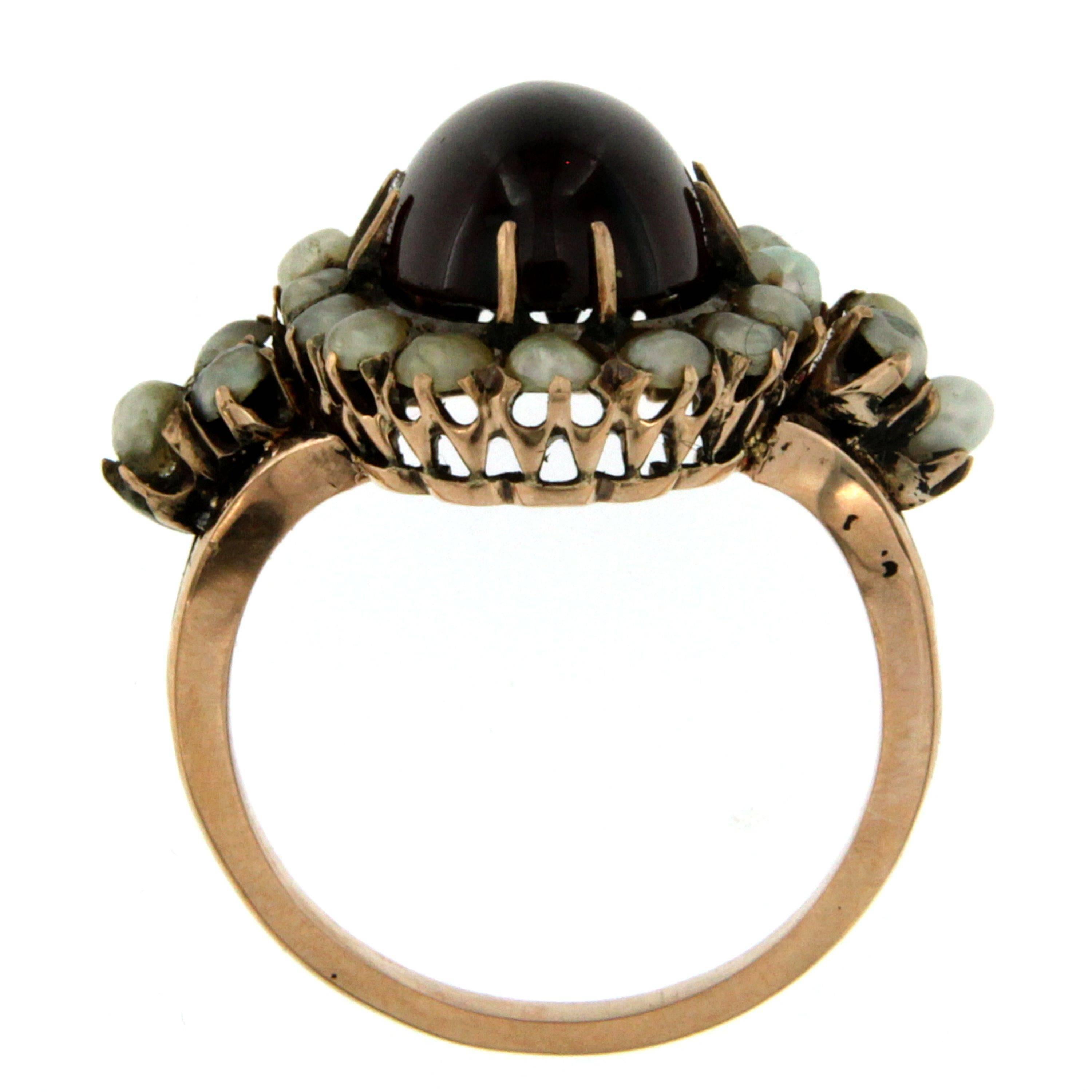 Women's Victorian Garnet Bashra Pearl Gold Ring