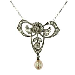 Edwardian Diamond Pearl Platinum Brooch Pendant
