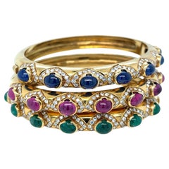 Vintage Arcese Rome Diamonds, Sapphire, Ruby, Emerald Gold Trio Of Bangle Bracelets