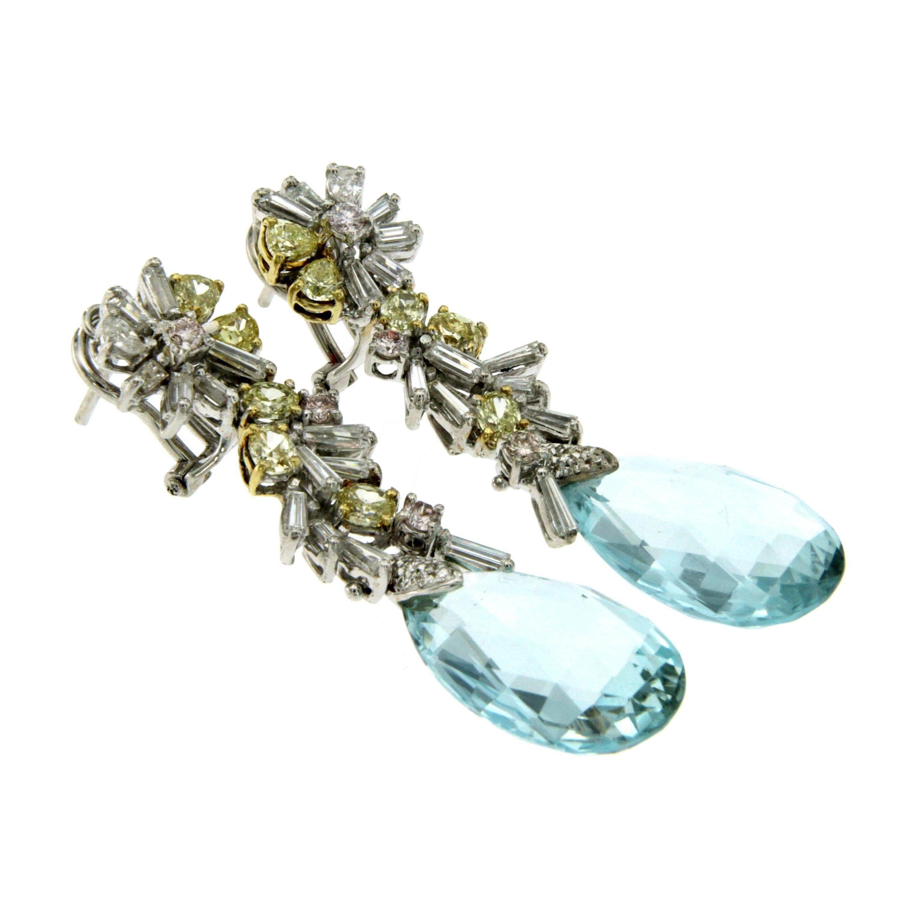 This fabulous pair of earrings are set in 18k white Gold and features two beautiful pear shaped Aquamarine weighing a total of approximately 8 cts surrounded by baguette cut, round brilliant cut diamonds and fancy oval and pear shape diamonds having