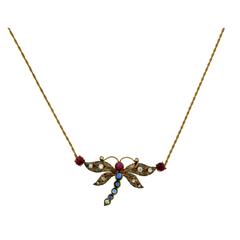 Vintage Butterfly Diamond Ruby Sapphire Gold Necklace