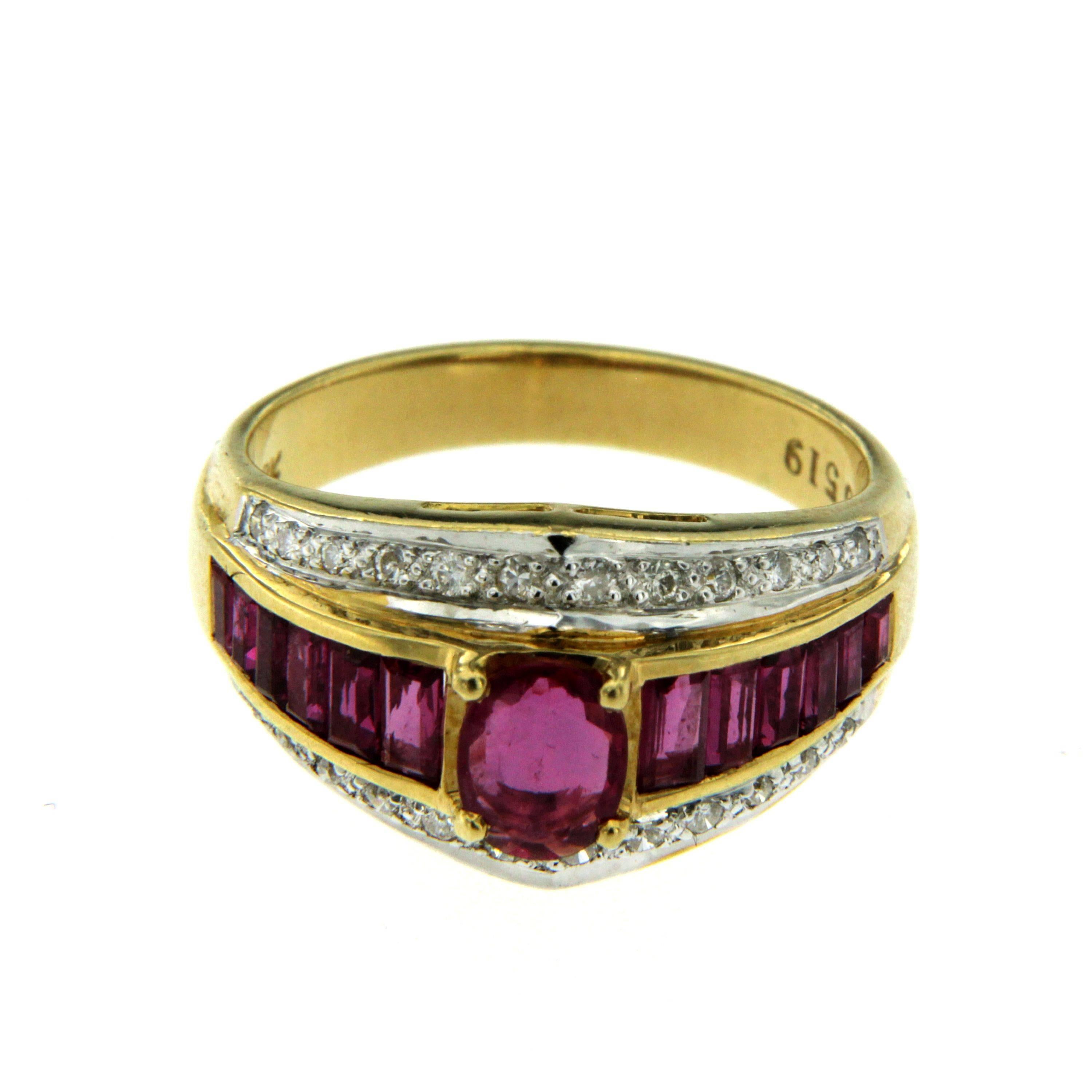 Beautiful Retro Ring handcrafted in 18k yellow Gold. The center is set with a oval Ruby accented by 12 baguette cut Rubies 2.00 total carats and 24 round brilliant cut diamonds approx. 0.30 total carats. Circa 1950

CONDITION: Pre-owned -