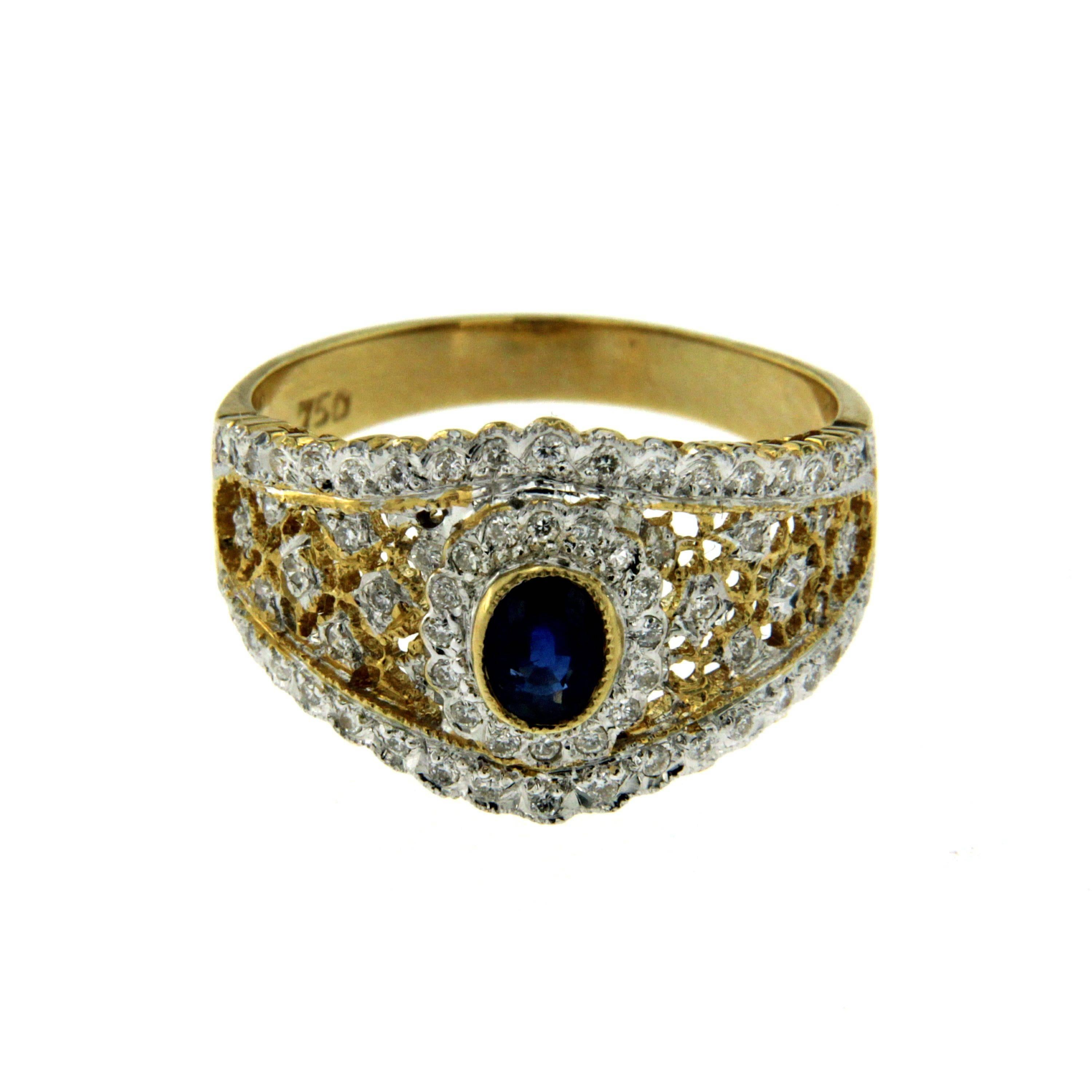 Retro Sapphire Diamond Yellow Gold Ring In Excellent Condition In Napoli, Italy