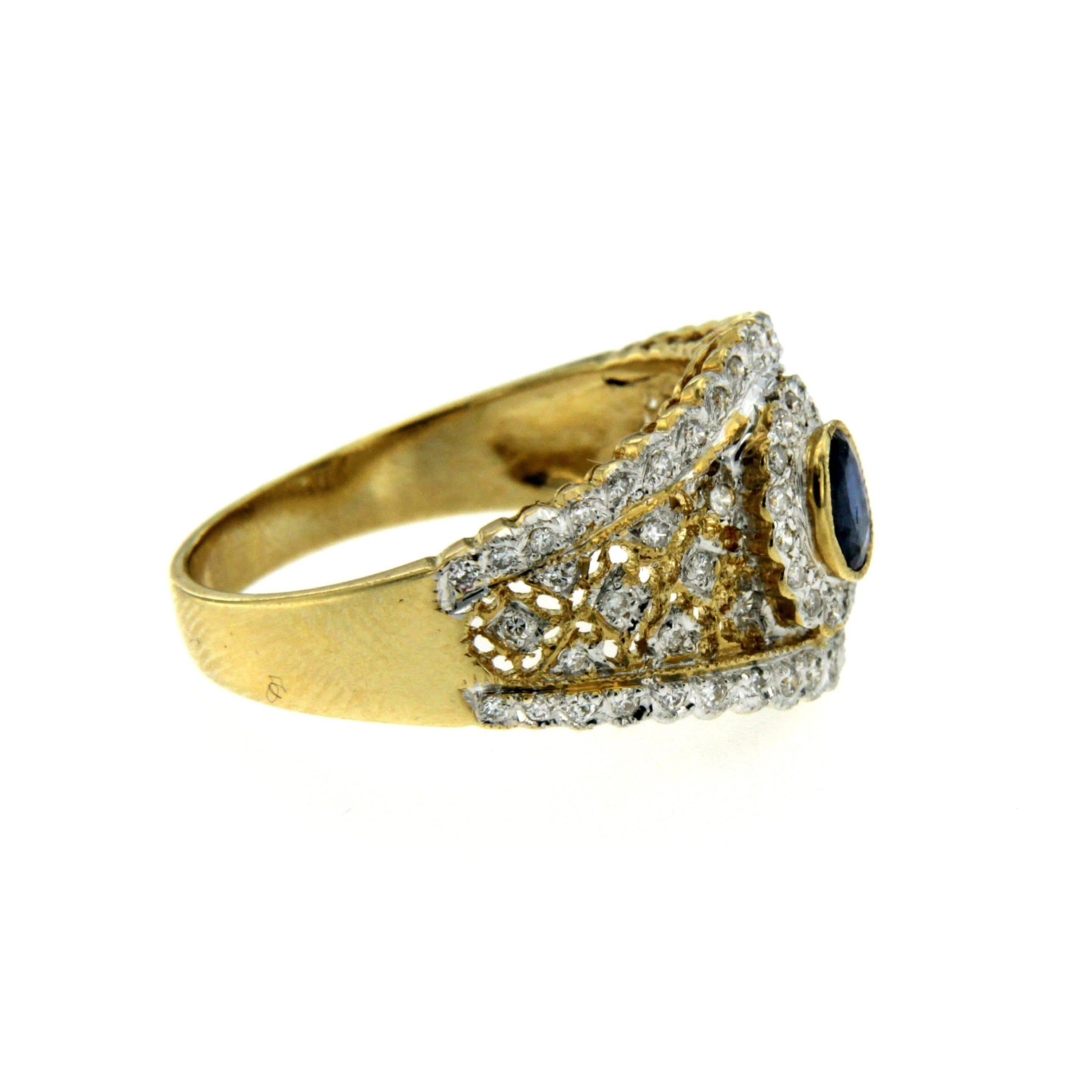 Women's or Men's Retro Sapphire Diamond Yellow Gold Ring