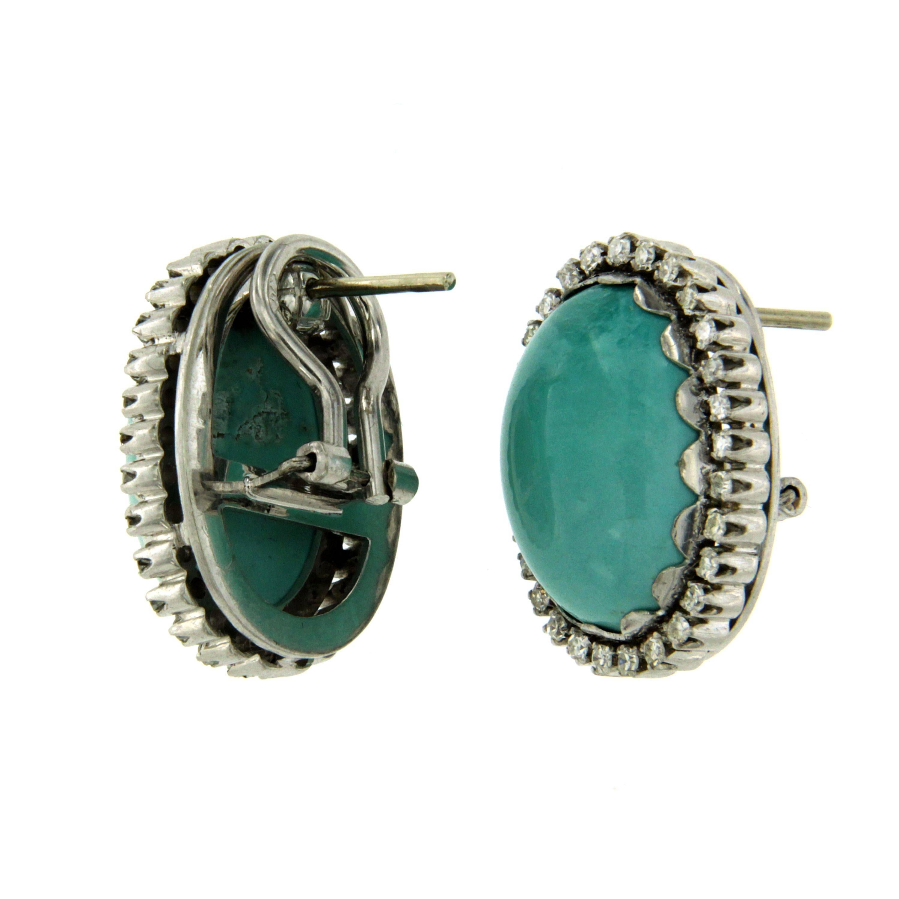 Vintage Turquoise Diamonds Gold Earrings In Excellent Condition In Napoli, Italy