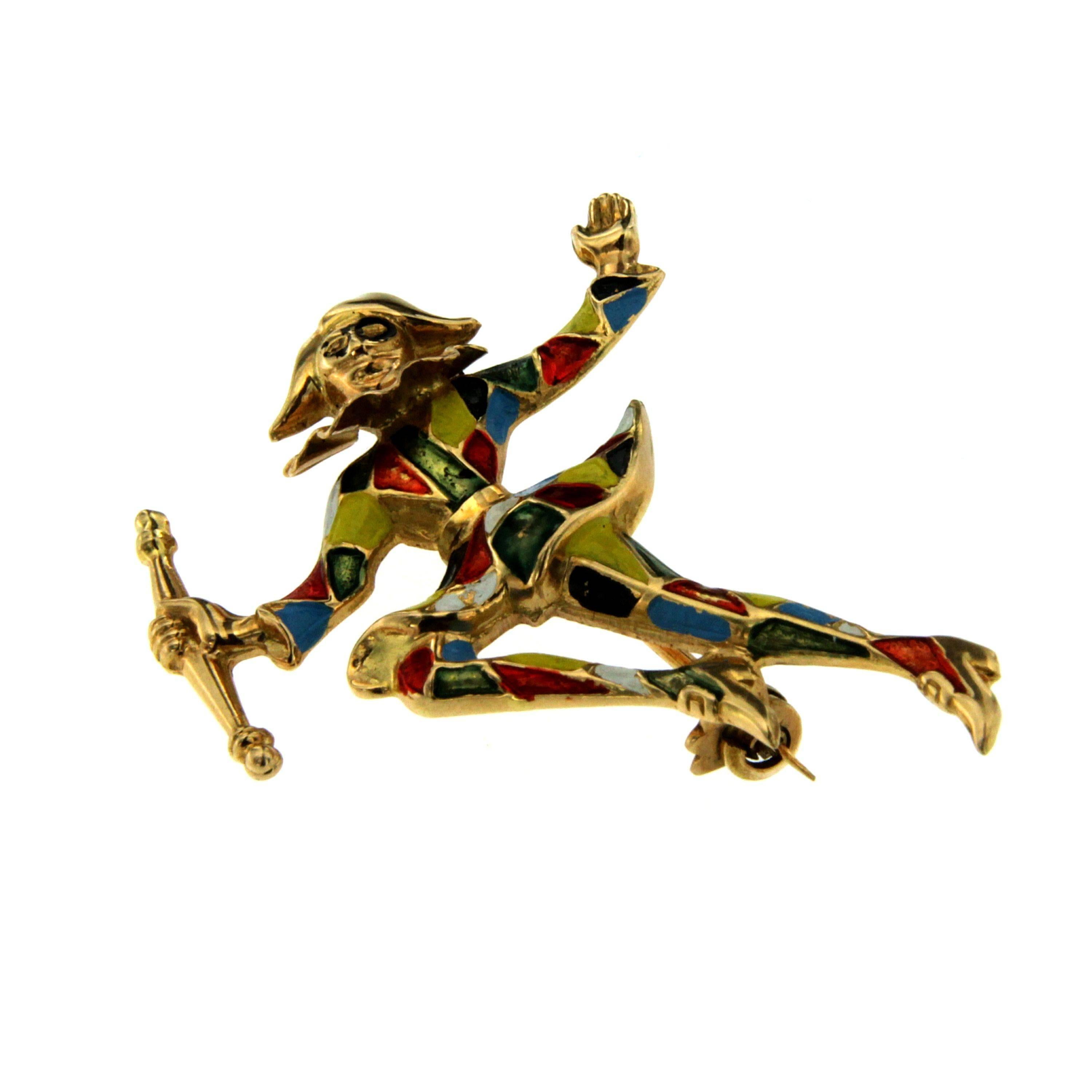 Harlequin brooch in costume enameled on 18K yellow gold. 
The brooch is stamped with creator marker's mark (62 VI) and a hallmark for 18 karat gold.
This piece is designed and crafted entirely by hand in the traditional way, using age old techniques