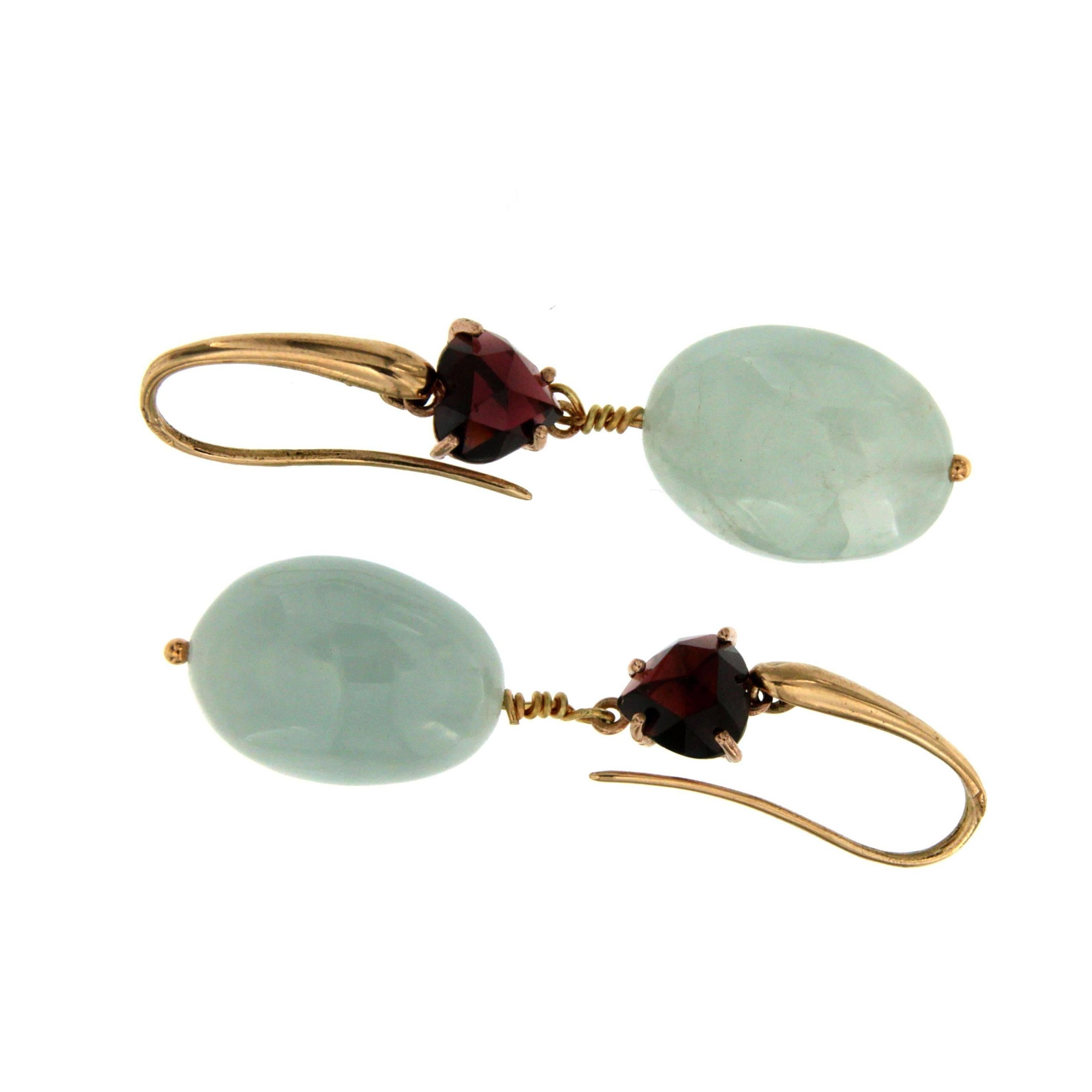 Aquamarine Heart Garnet Gold Earrings In New Condition In Napoli, Italy