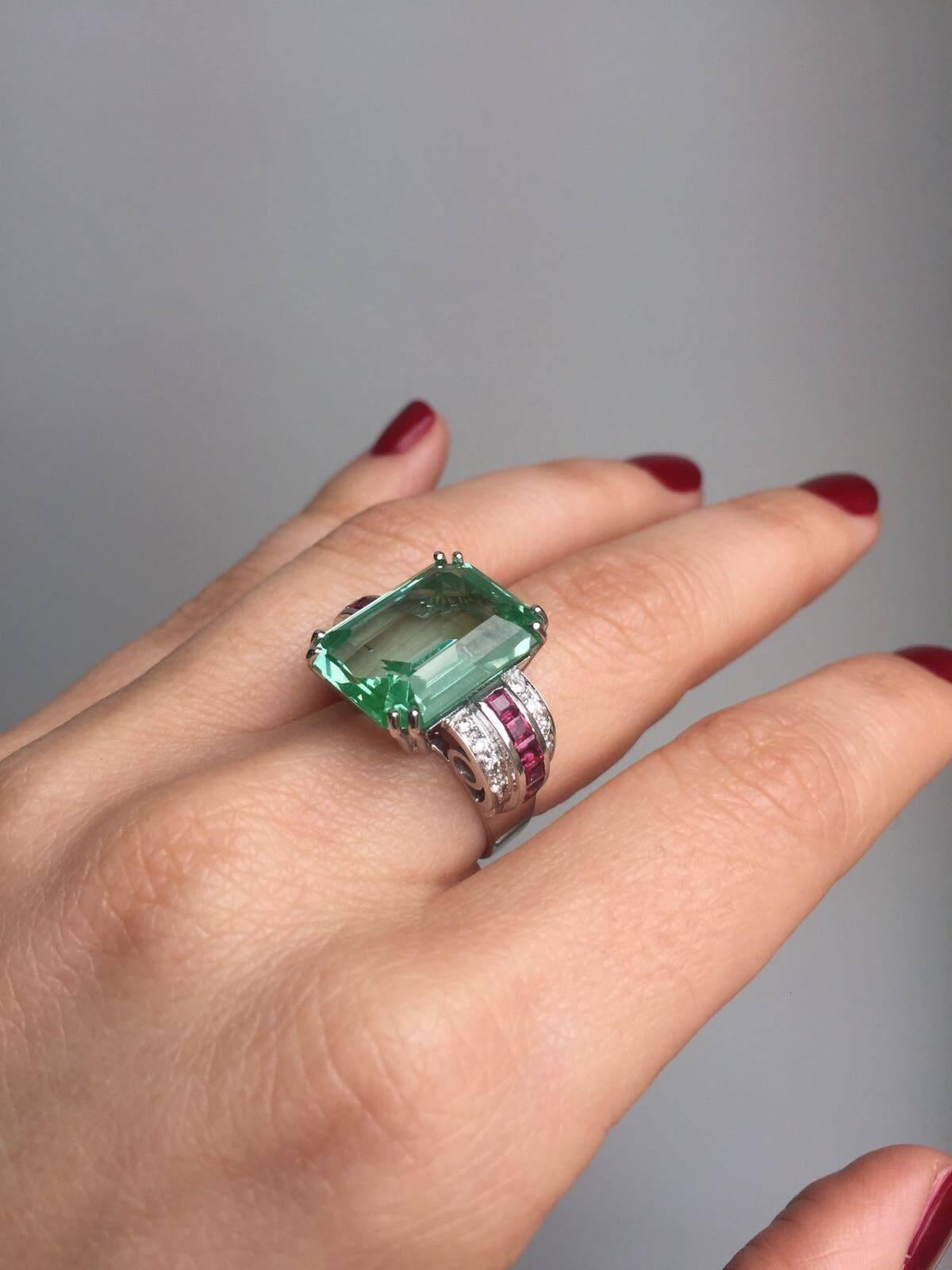 1940 Rare 9ct Aquamarine Ruby Diamonds Gold Ring 1