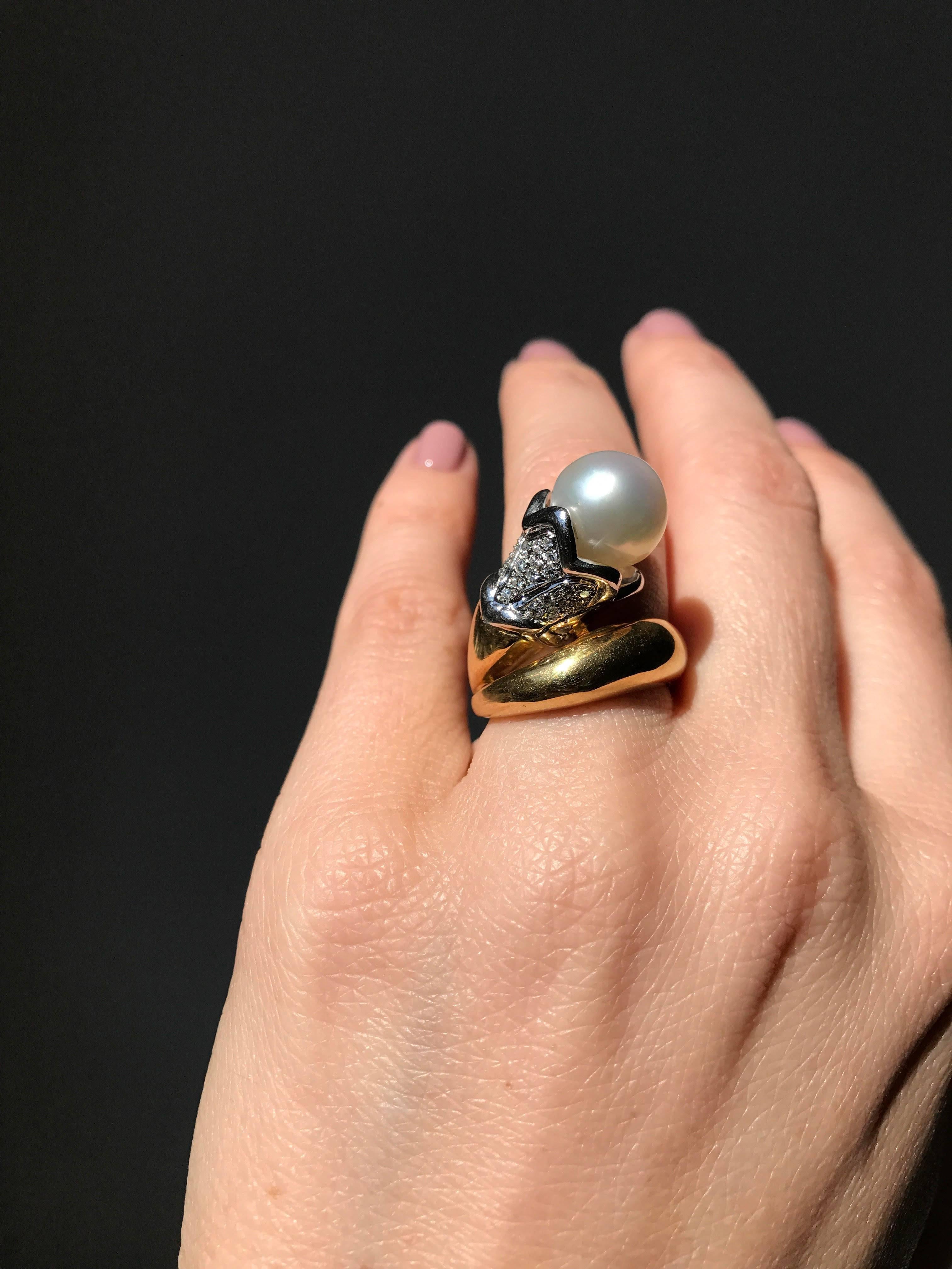 Retro South Sea Pearl Diamond Gold Ring 4