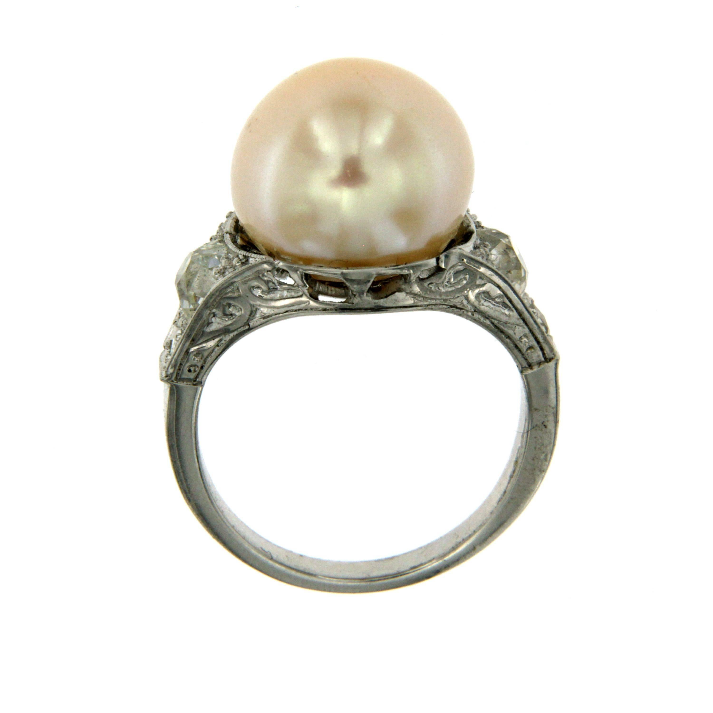 Women's Art Deco Pearl Diamond Platinum Ring