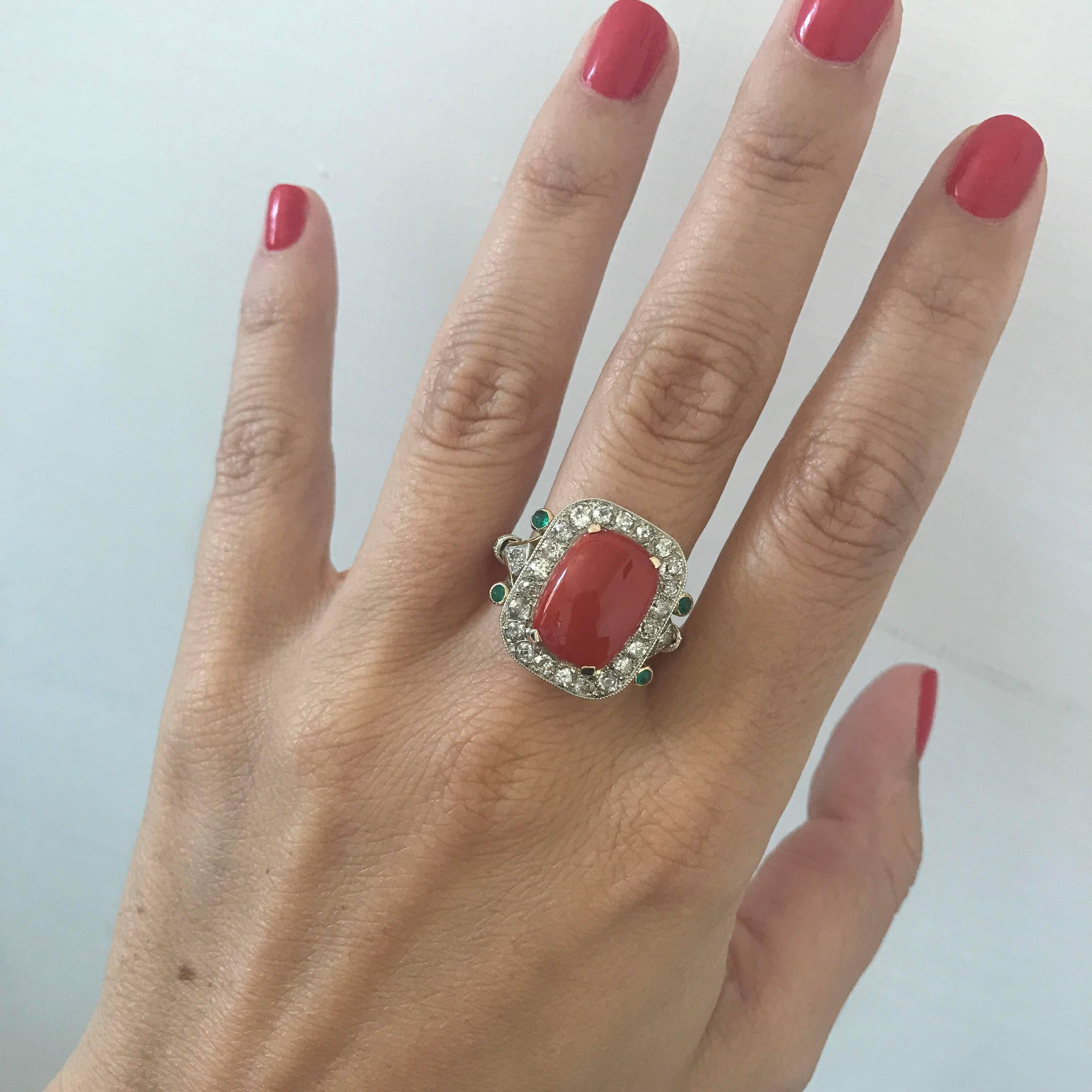 Coral Diamond Emerald Gold Retro Ring 3