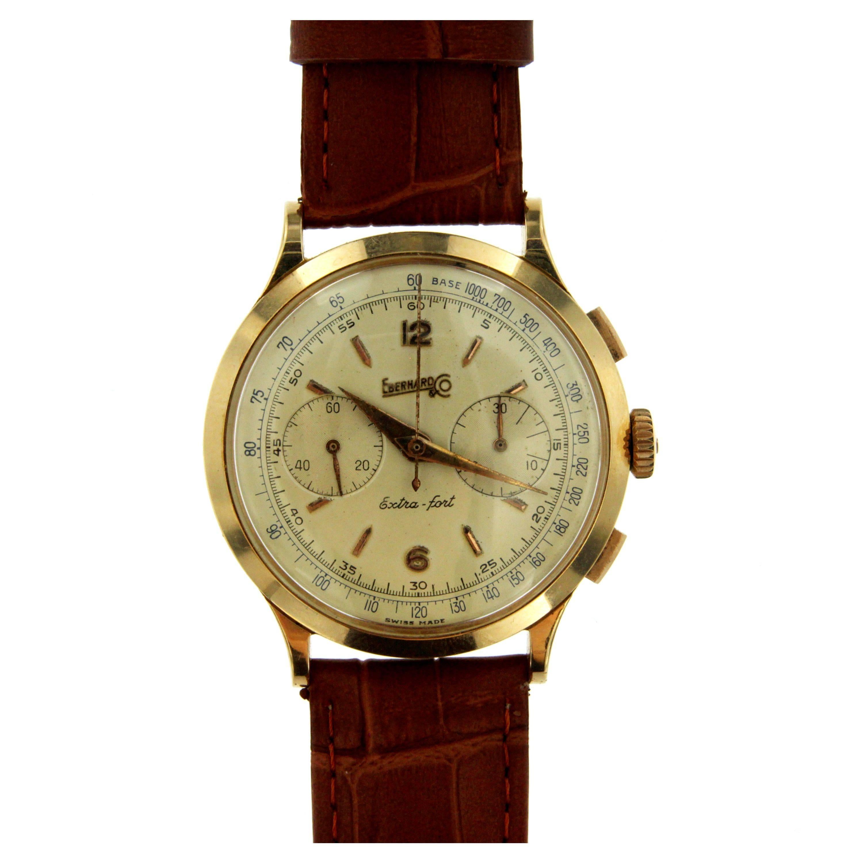 A very rare, manual-winding, Eberhard extra fort 18k yellow gold wristwatch with square button chronograph, register, telemeter, tachymeter, with double tachymeter and medical scale
Circa 1950