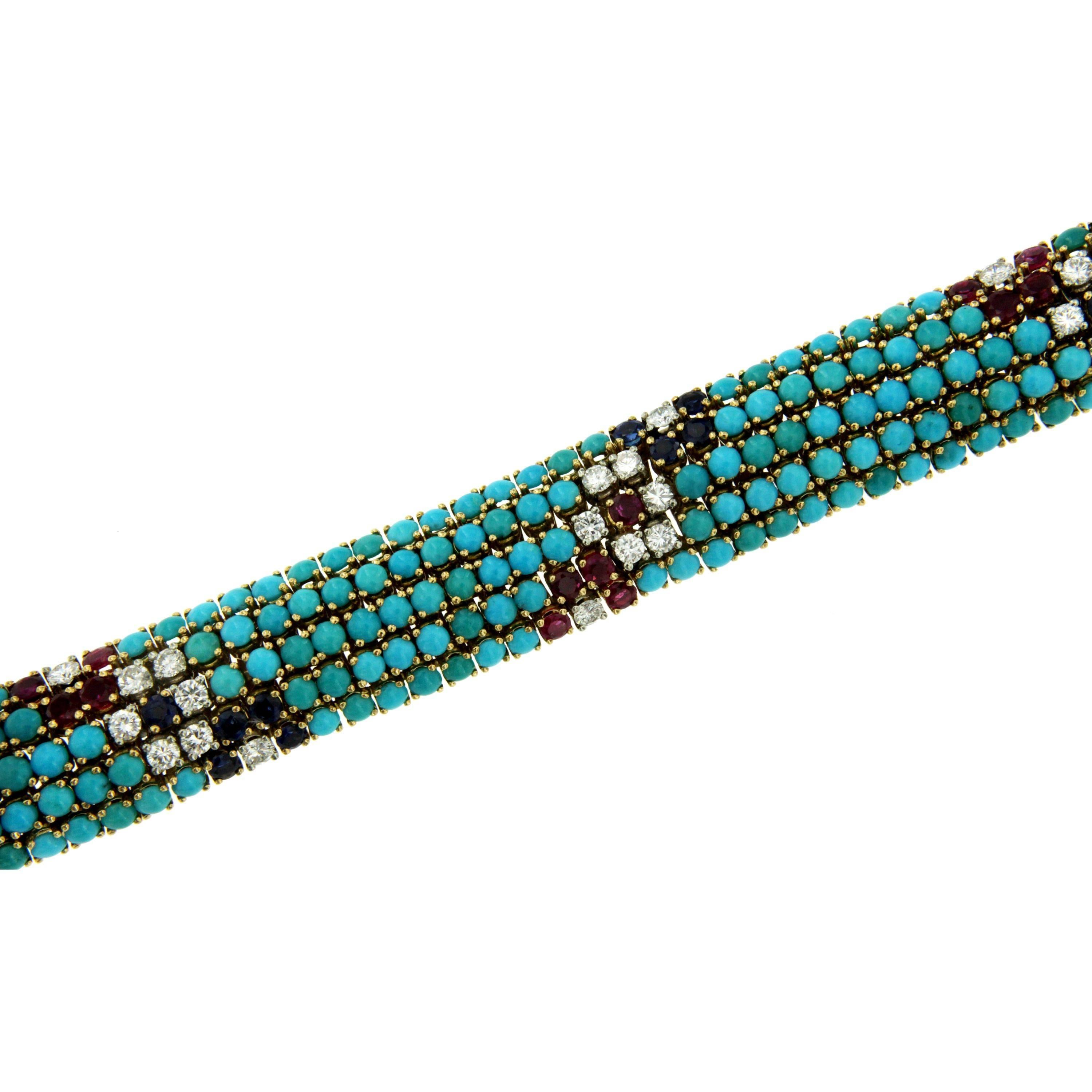 1970s Turquoise Sapphire Ruby Diamond Gold Bracelet In Excellent Condition In Napoli, Italy