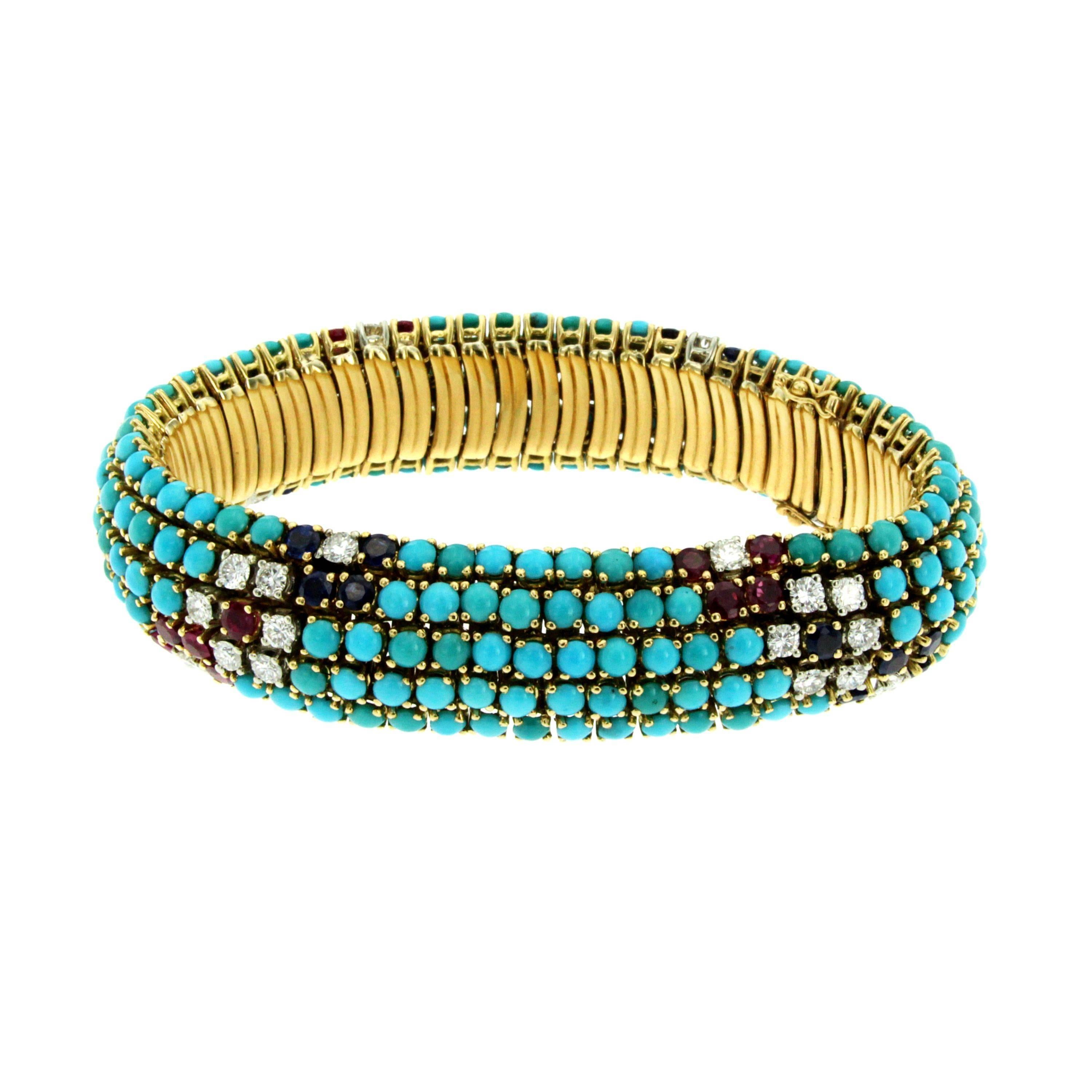 Women's 1970s Turquoise Sapphire Ruby Diamond Gold Bracelet
