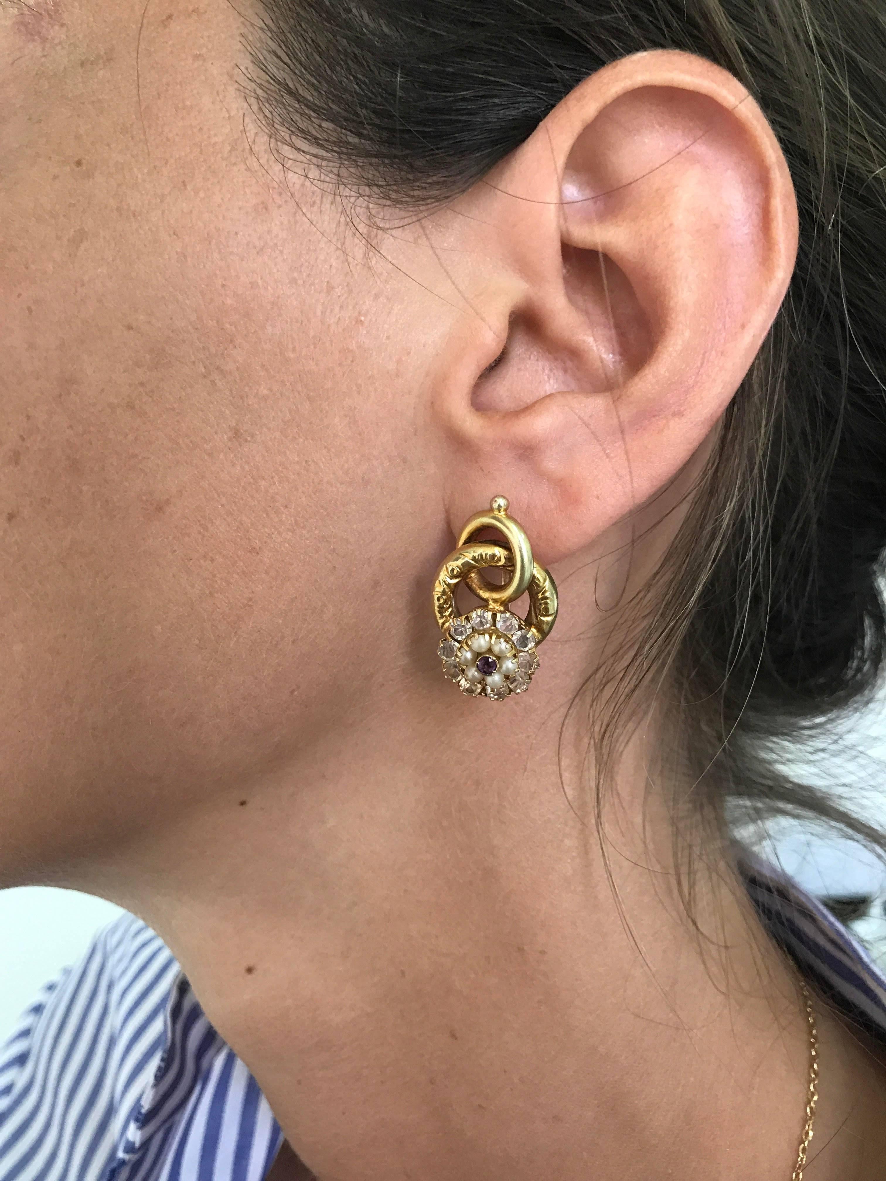 1800 Bourbon Diamond Pearl Amethyst Gold Drop Earrings 1