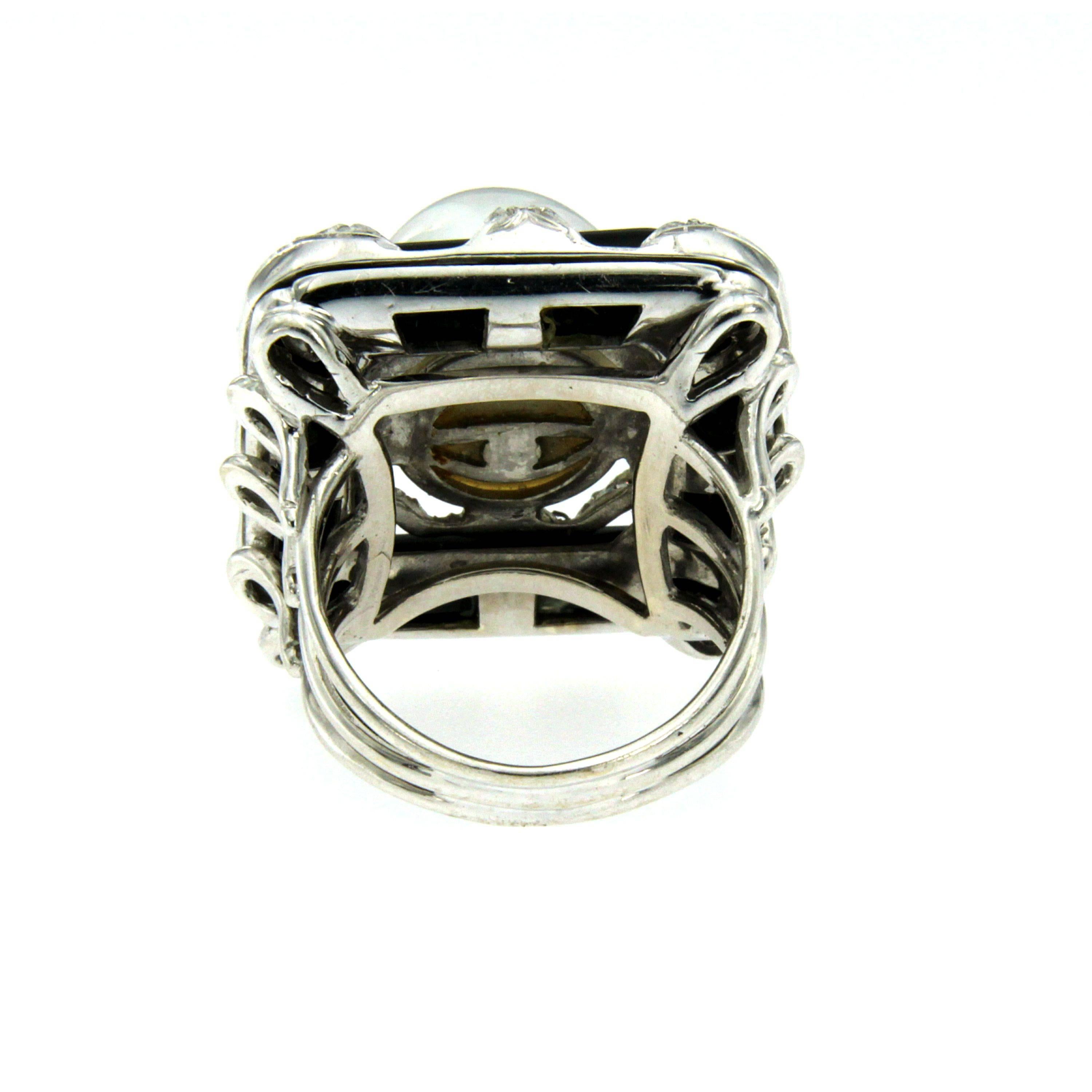 Women's Vintage Onyx Pearl Diamond Gold Ring