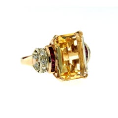 15 Carat Quartz Citrine Ruby Diamonds Gold Ring