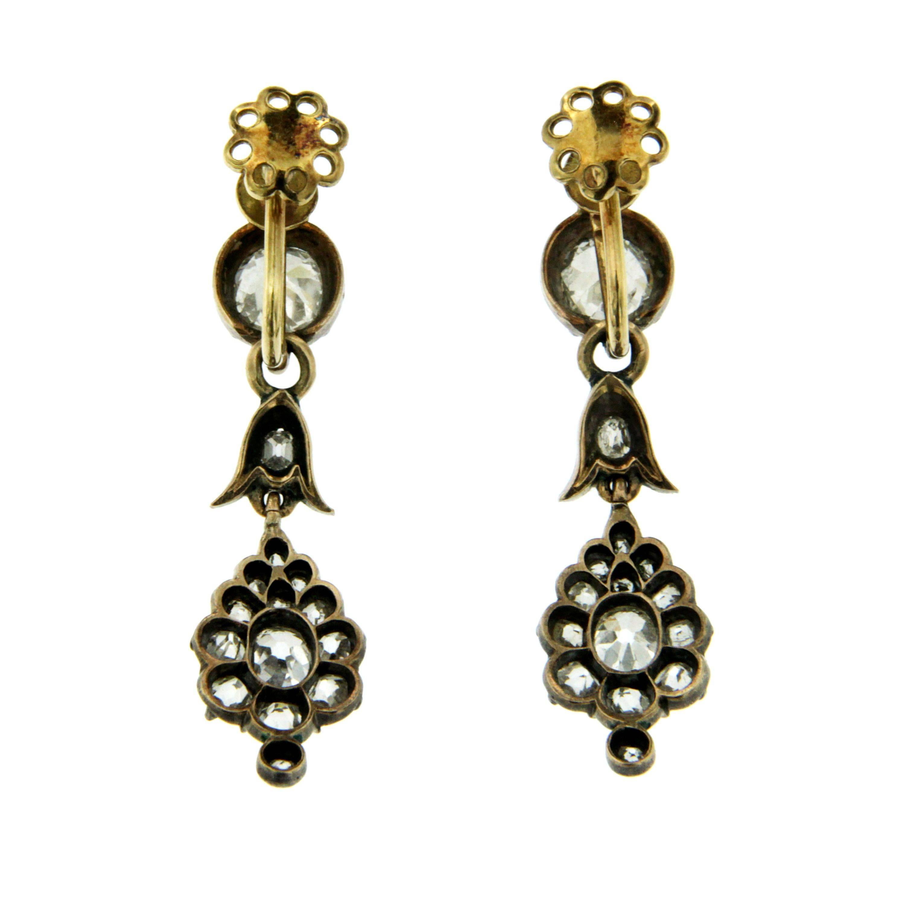 Victorian 3 Carat Diamond Gold Drop Earrings In Excellent Condition In Napoli, Italy