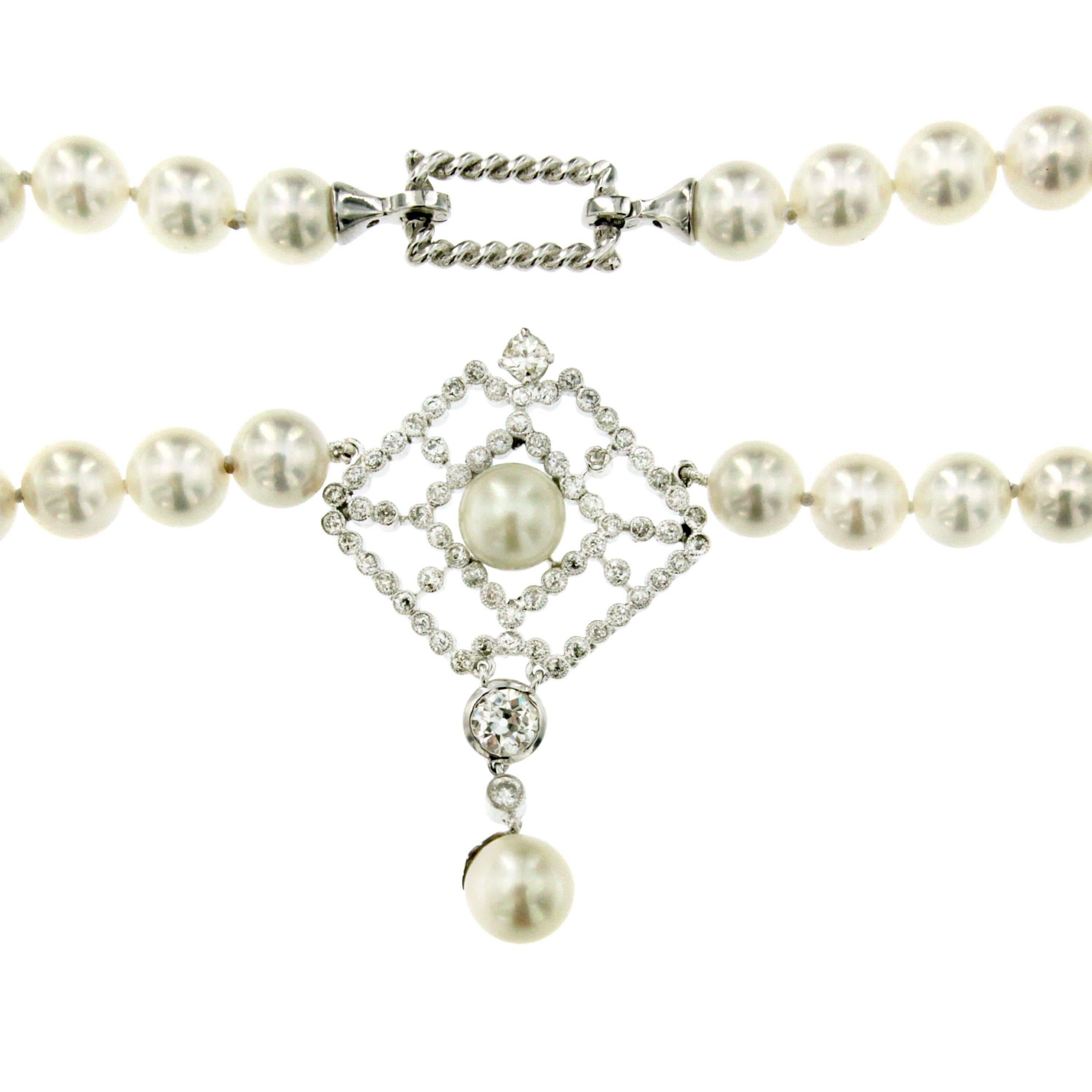 Art Deco Japanese Pearl Diamond Gold Necklace