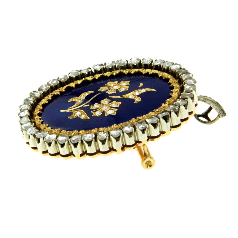 Blue Enamel Diamond Brooch at 1stDibs