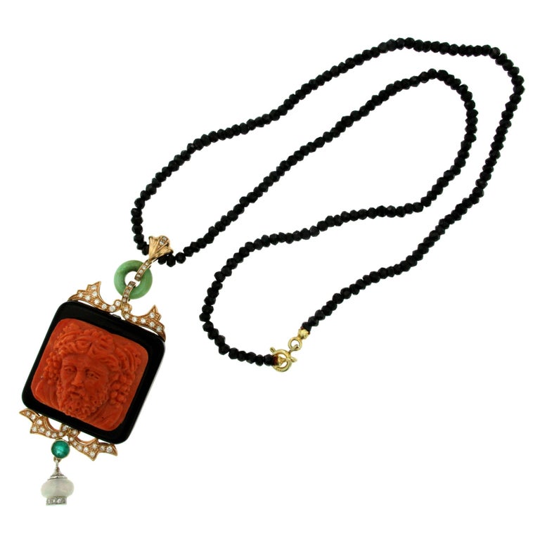 Hand-Carved Mediterranean Coral Onyx Diamond Gold Pendant For Sale at ...
