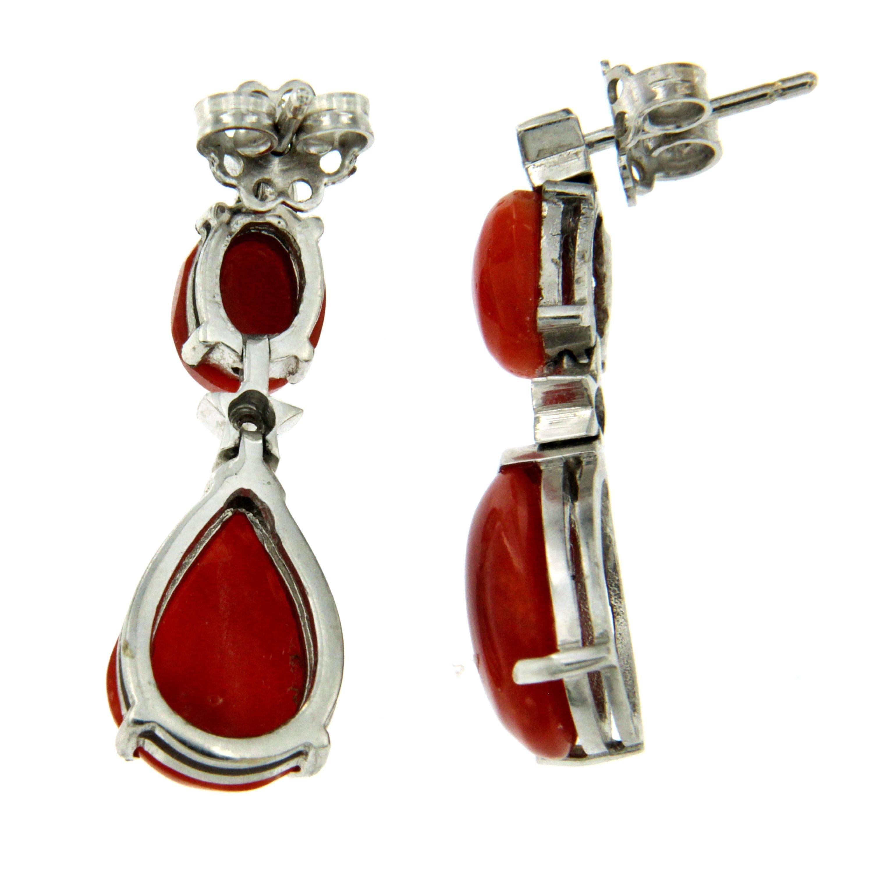 Sardinian Coral Diamond Gold Drop Earrings In Excellent Condition In Napoli, Italy