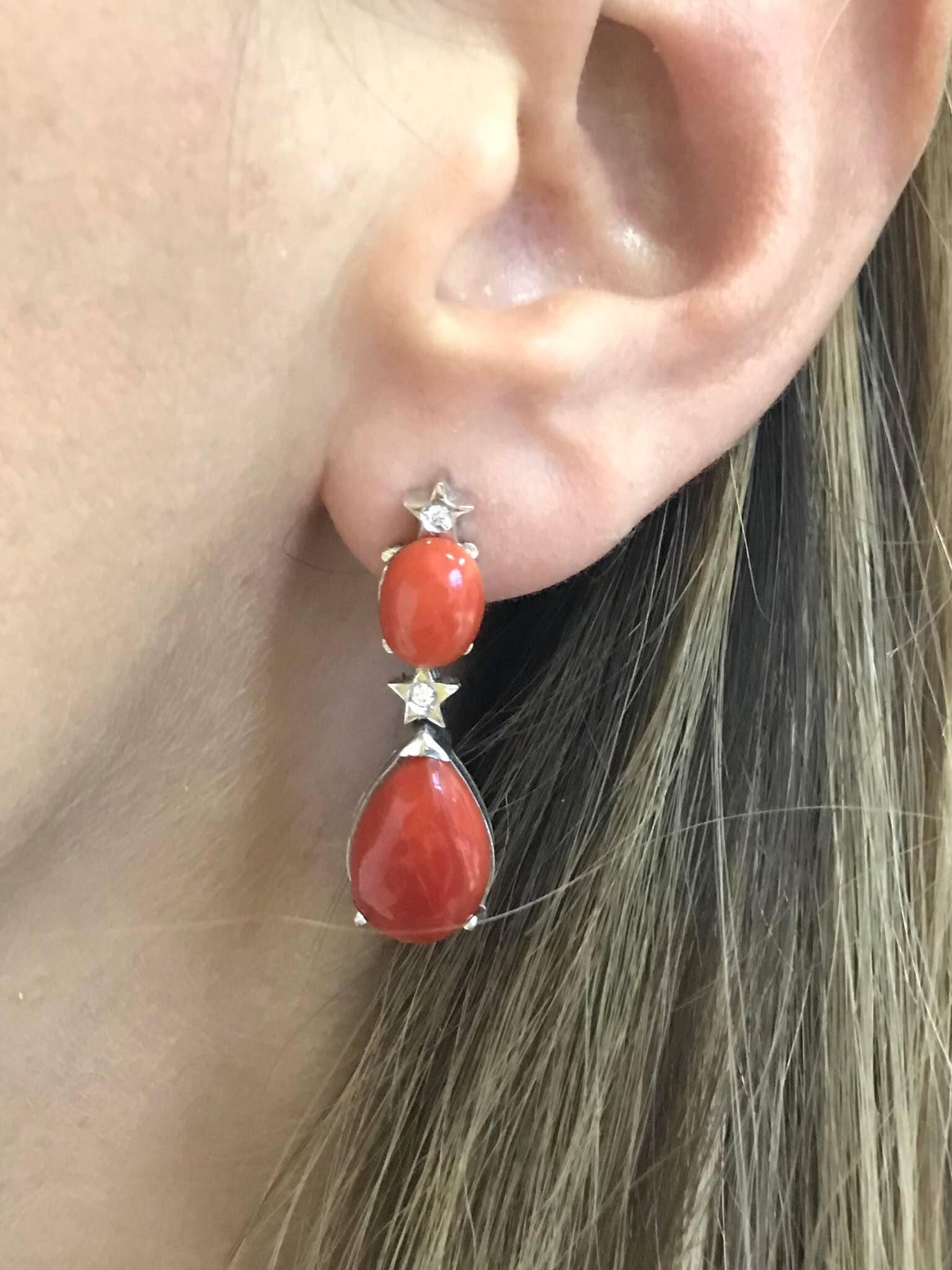 Women's Sardinian Coral Diamond Gold Drop Earrings