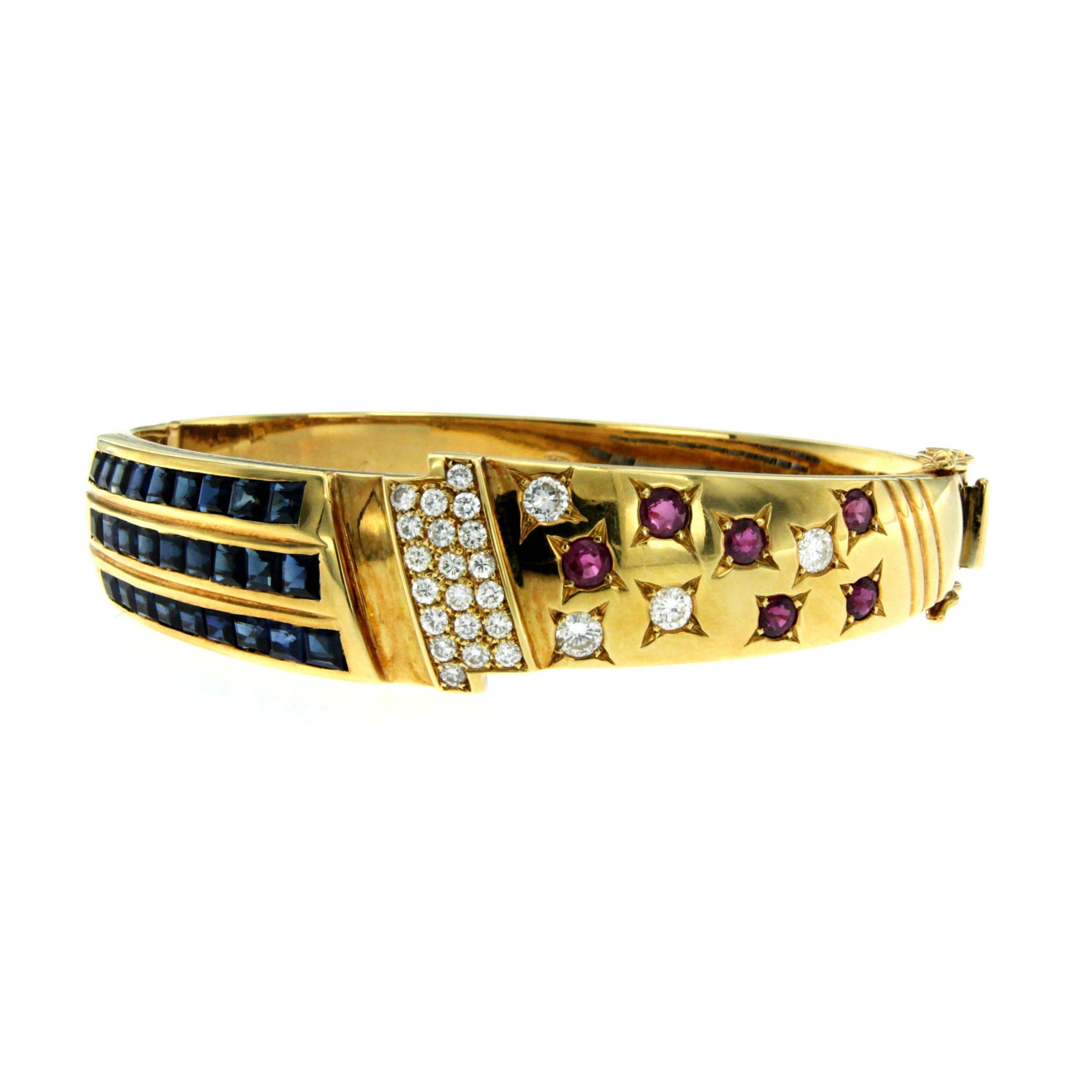 Italian Retro Ruby Sapphire Diamond Gold Bangle Bracelet