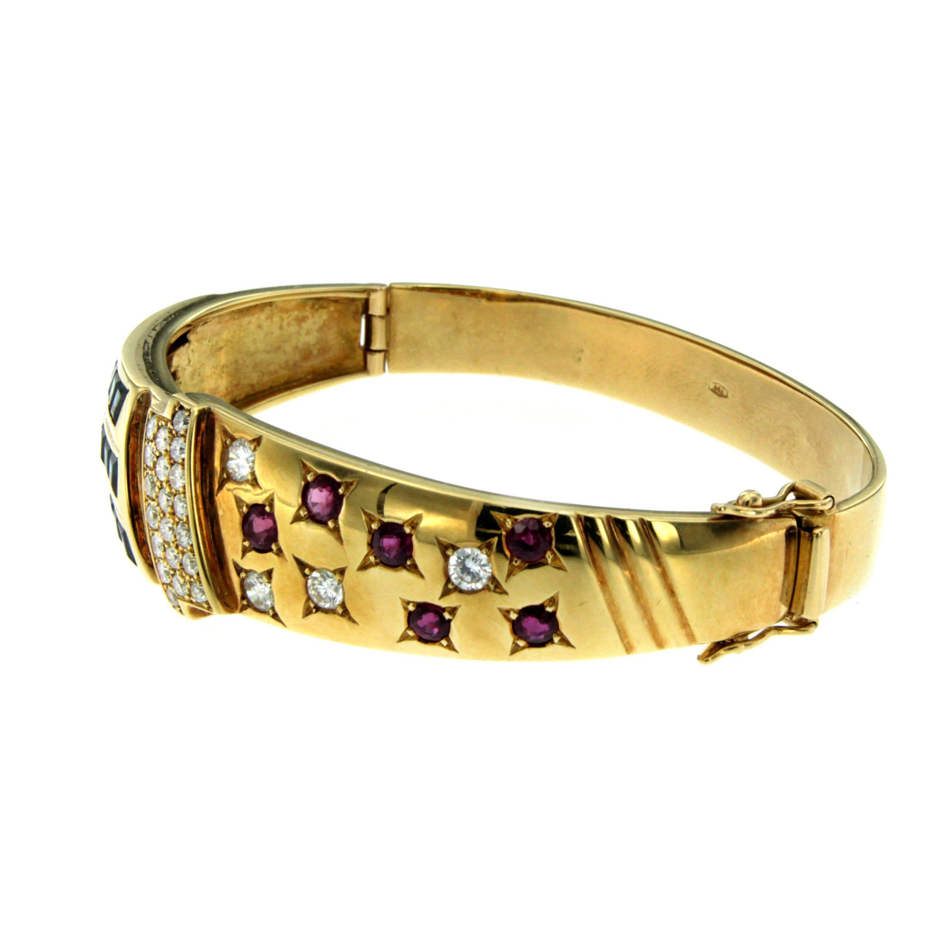 Italian Retro Ruby Sapphire Diamond Gold Bangle Bracelet In Excellent Condition In Napoli, Italy