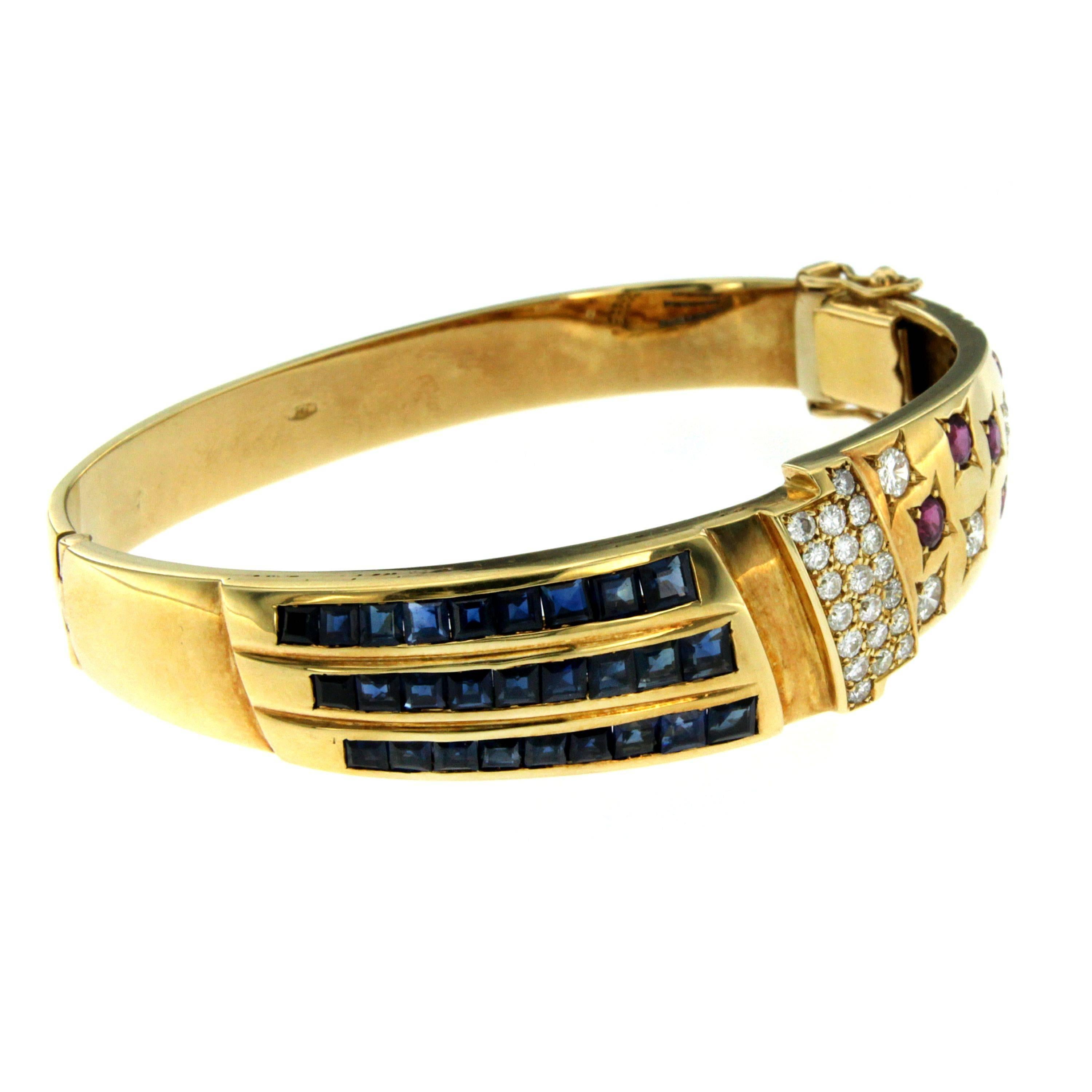 Women's Italian Retro Ruby Sapphire Diamond Gold Bangle Bracelet