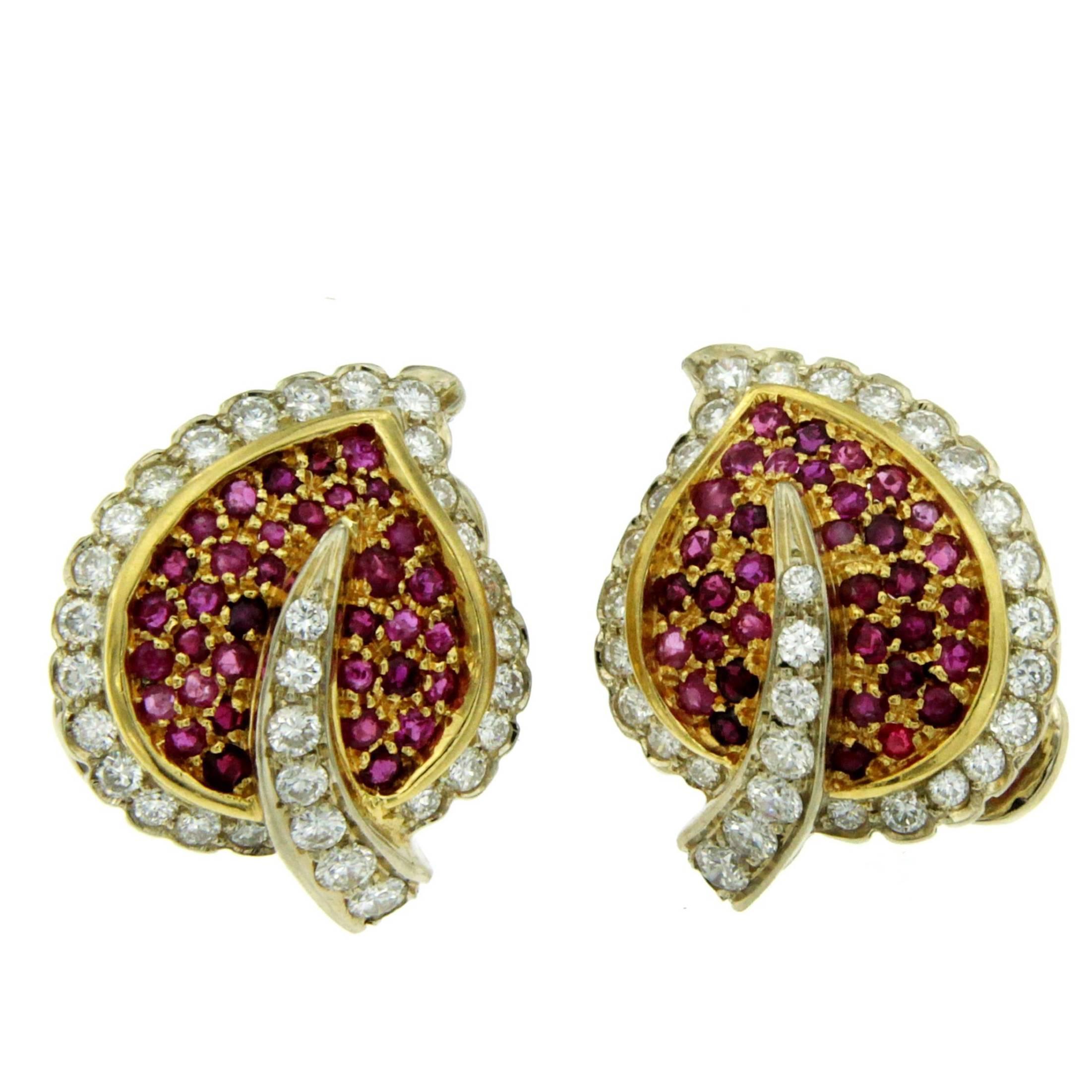 Vintage Ruby Diamond Leaf Gold Earrings