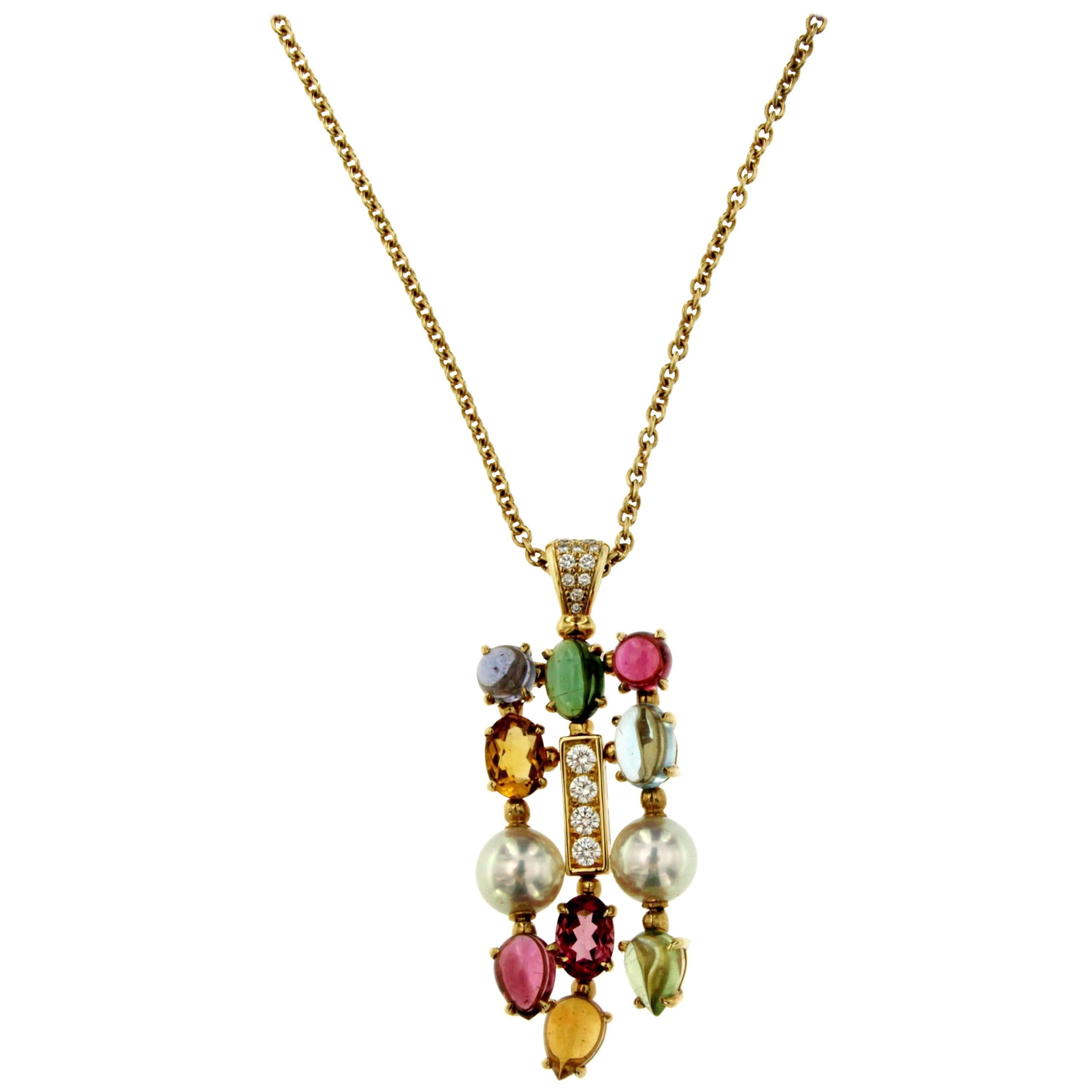 Bulgari Allegra Multi Gem Stone Gold Drop Adjustable Necklace