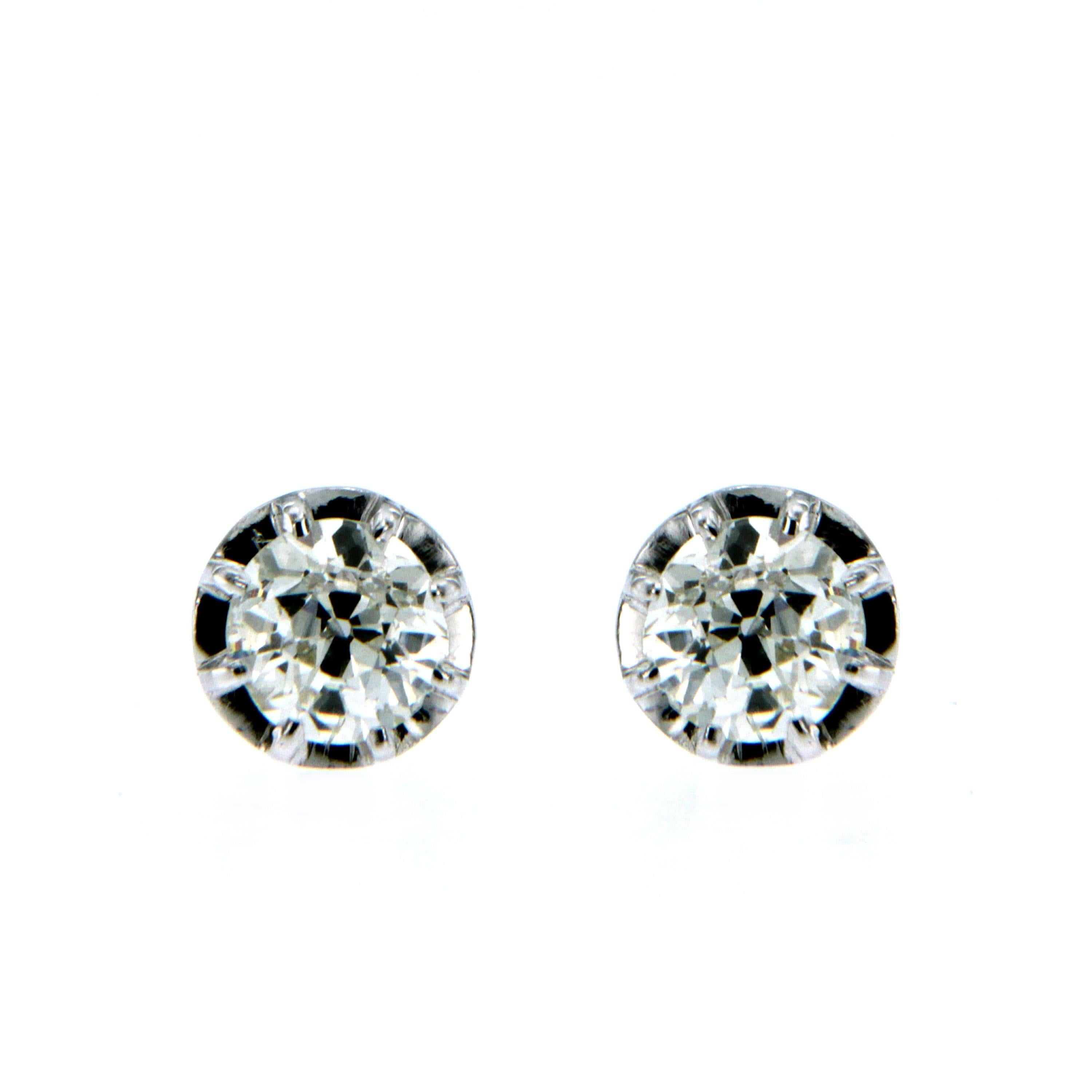 One pair of Timeless old mine cut Diamonds stud earrings weighing 0.70 carats and graded I color Vs clarity all together.
They are mounted in 18k white gold and every diamond is safety hold by nine claws, this setting sits perfectly and most