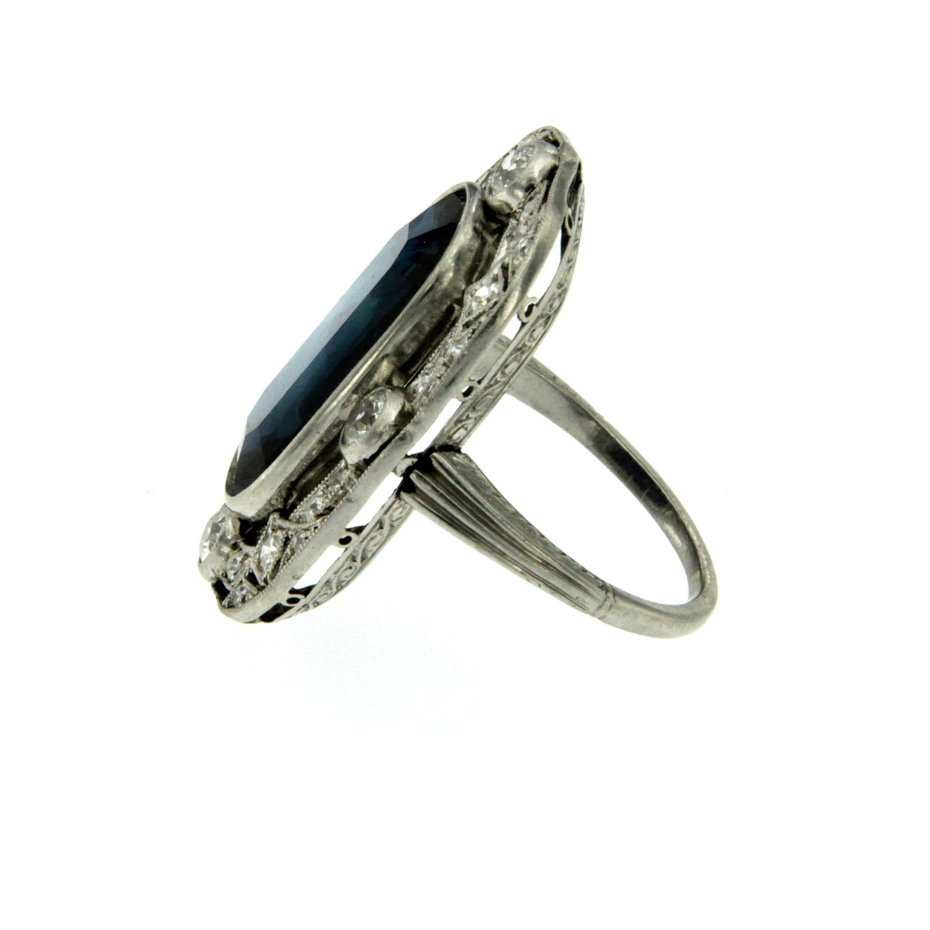 Women's or Men's Art Deco 10 Carat Sapphire Diamond Platinum Ring