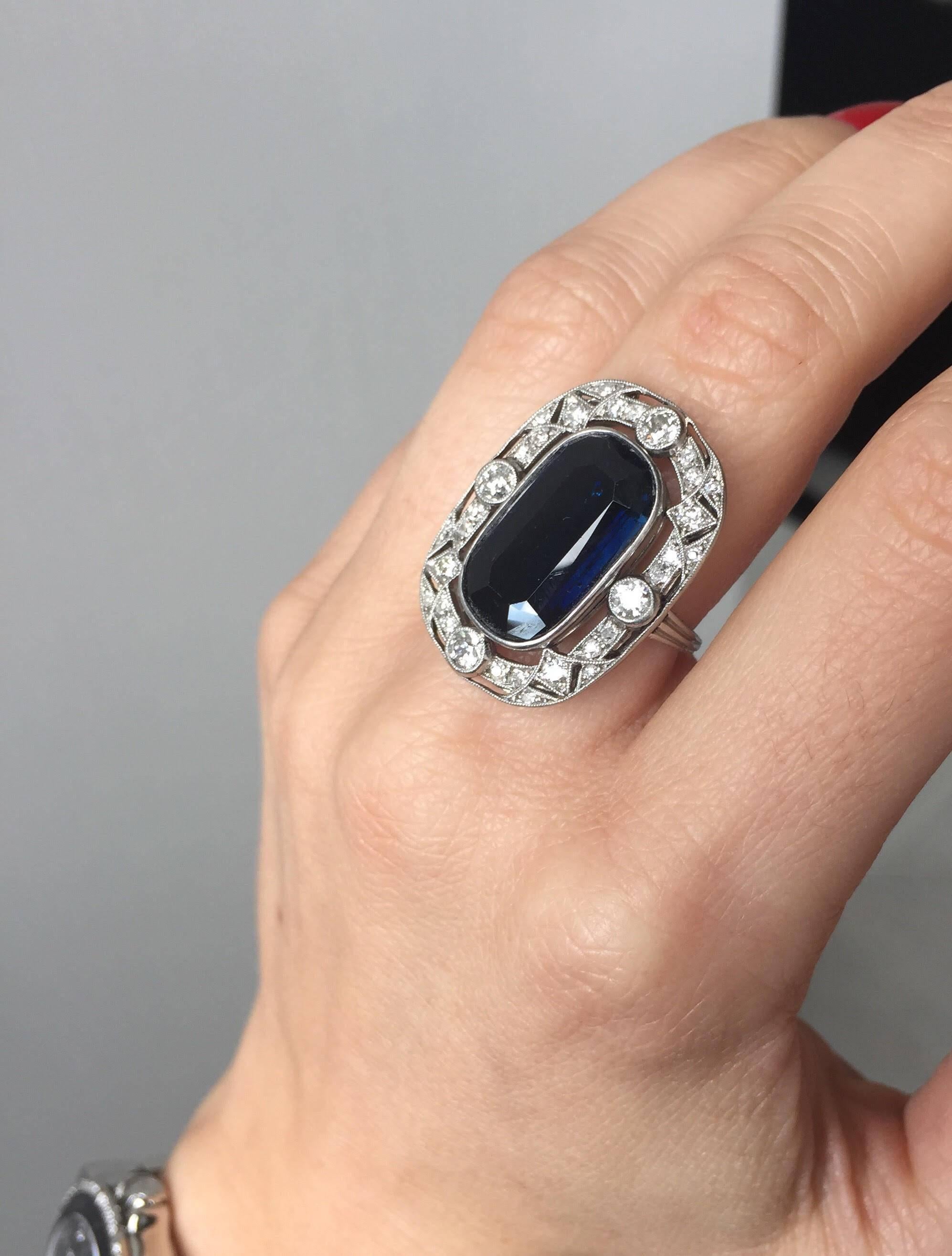 Art Deco 10 Carat Sapphire Diamond Platinum Ring 2