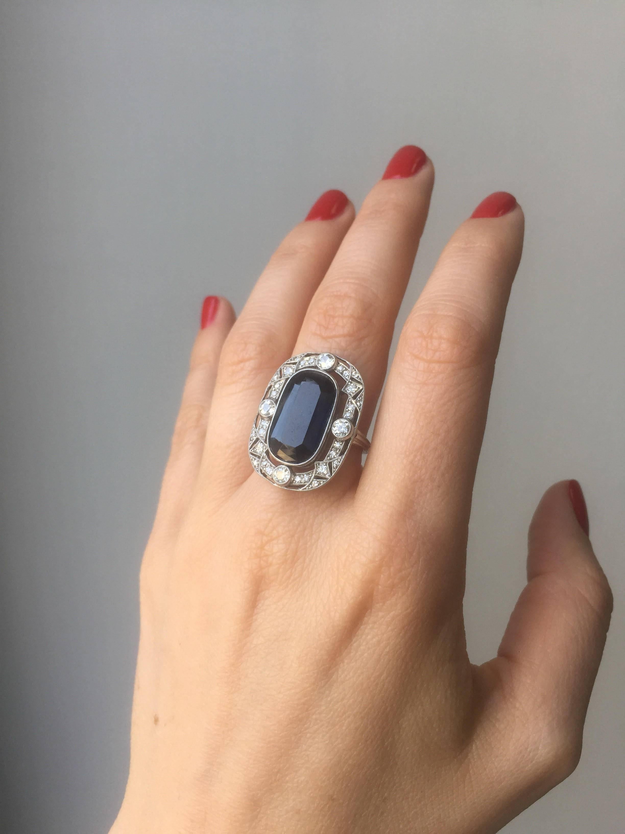 Art Deco 10 Carat Sapphire Diamond Platinum Ring 1