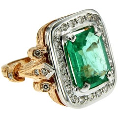Retro 4.20 Carat Emerald Diamond Gold Ring