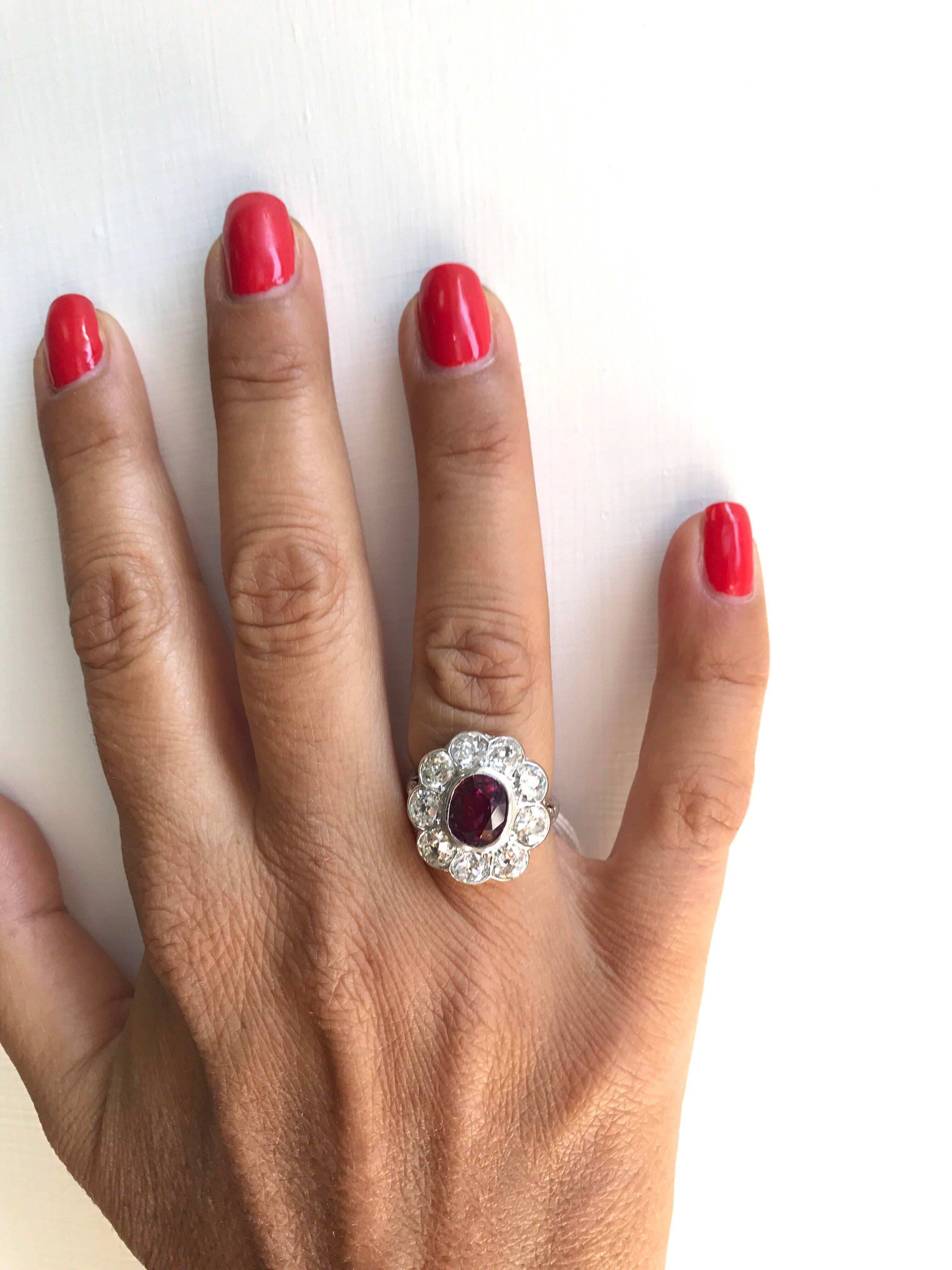 Antique 1900s Natural Ruby Diamond White Gold Cluster Ring 4