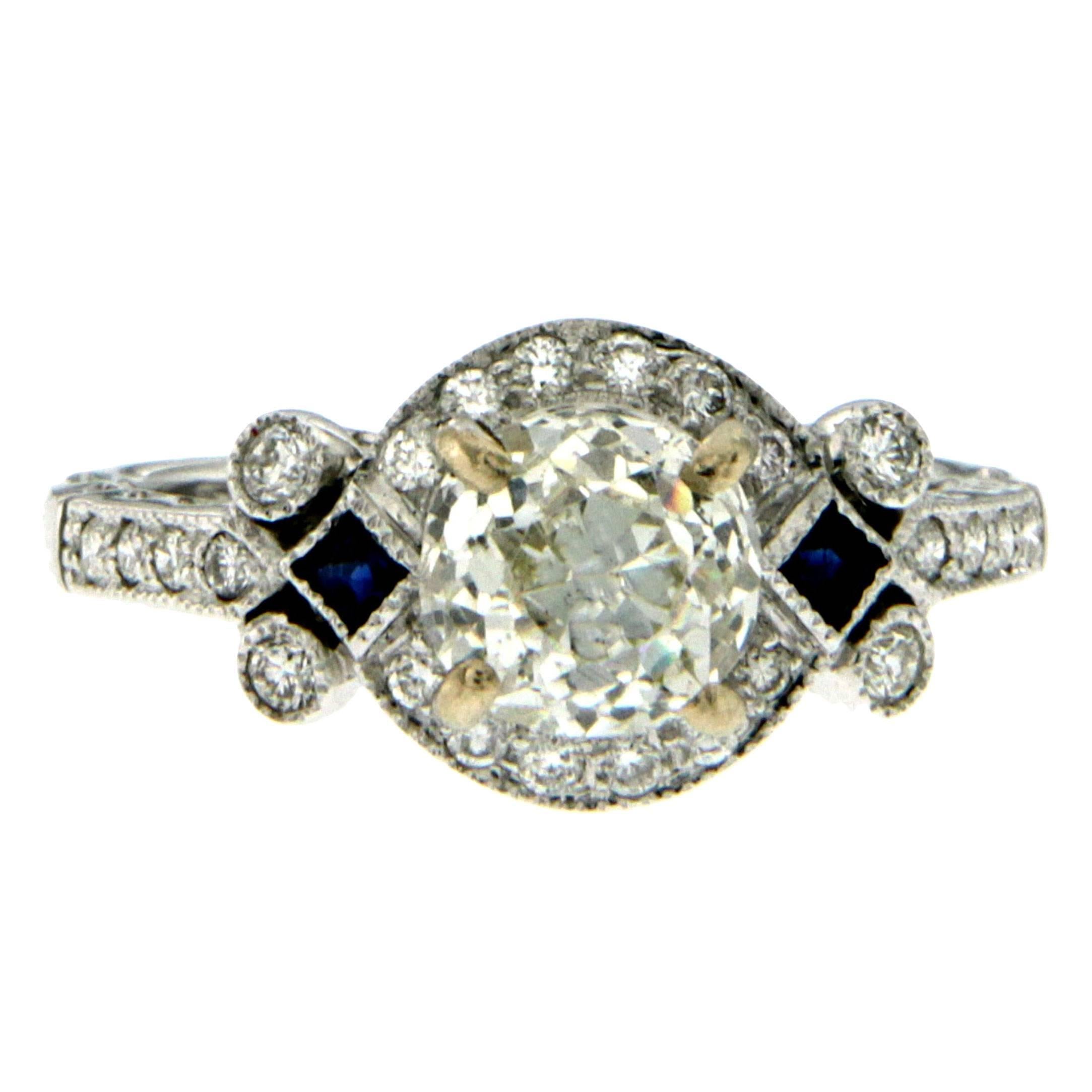 Art Deco Diamond Sapphire Gold Engagement Ring