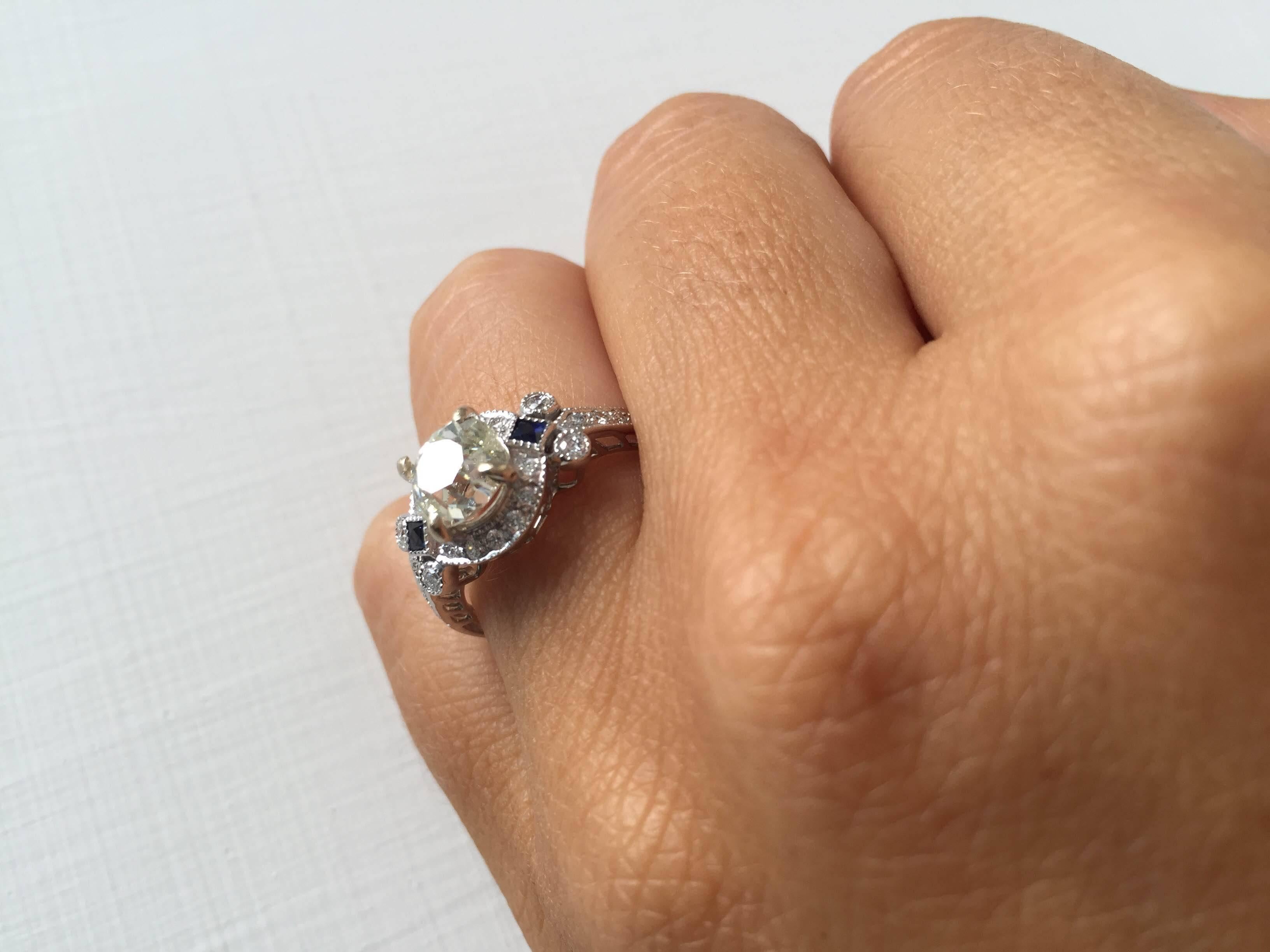 Art Deco Diamond Sapphire Gold Engagement Ring 2