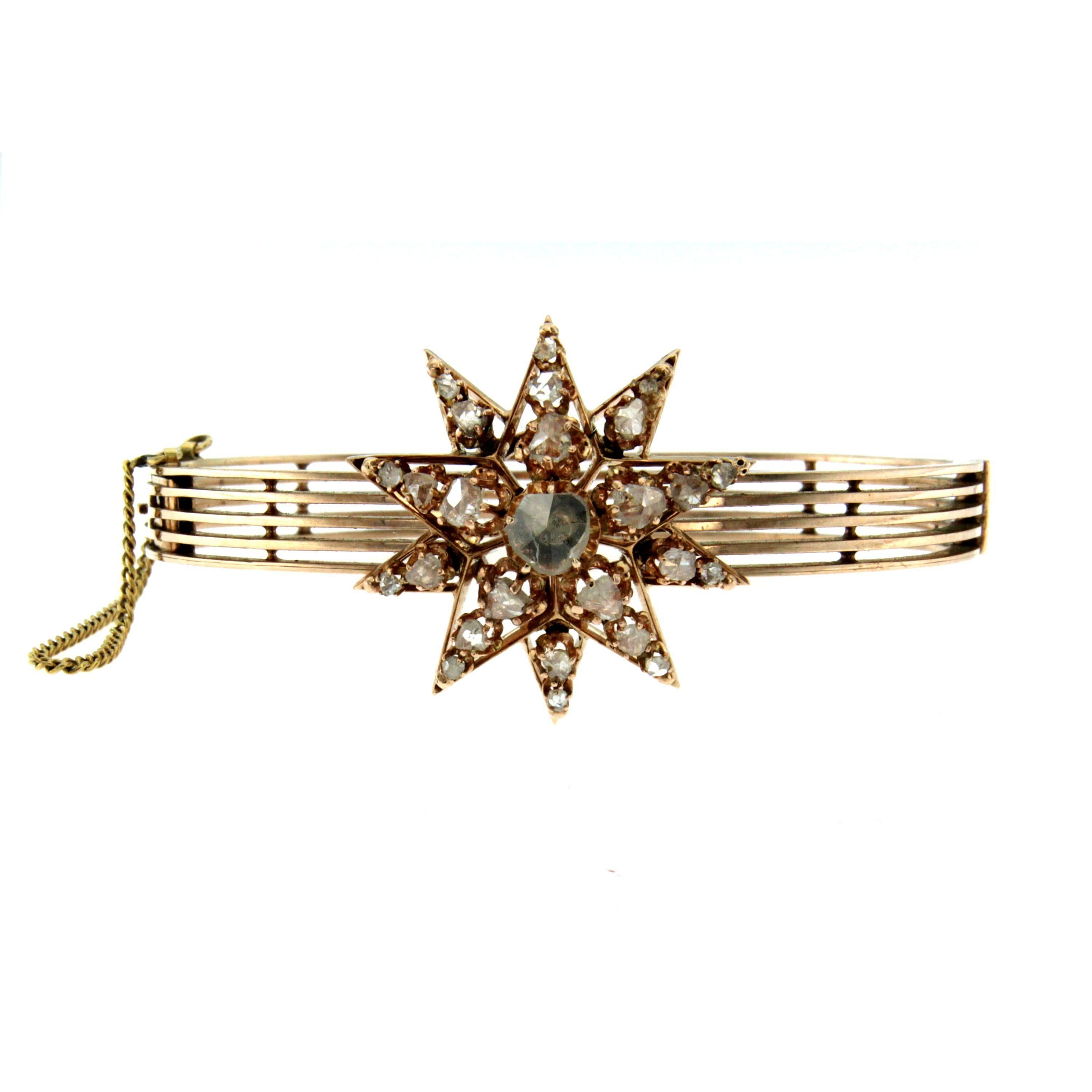 A gorgeous Victorian star design suite of earrings and bracelet, set with table-cut diamonds mounted in 12k rose Gold. All handcrafted, Circa 1880

Estimated total diamond weight 2.00 cts:
Earrings: 0.70 total carats
Bracelet:1.30 total