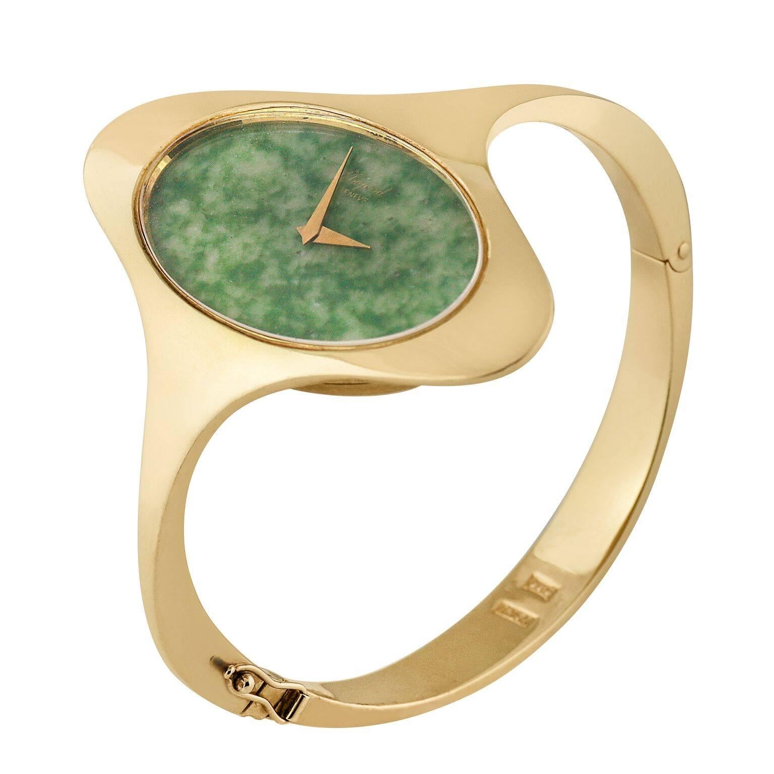 Chopard Yellow Gold Nephrite Jade Dial Bangle Bracelet Wristwatch  For Sale