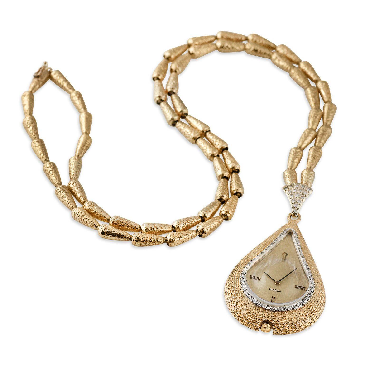 Omega Lady's Hammered Yellow Gold Pendant Necklace WristWatch For Sale