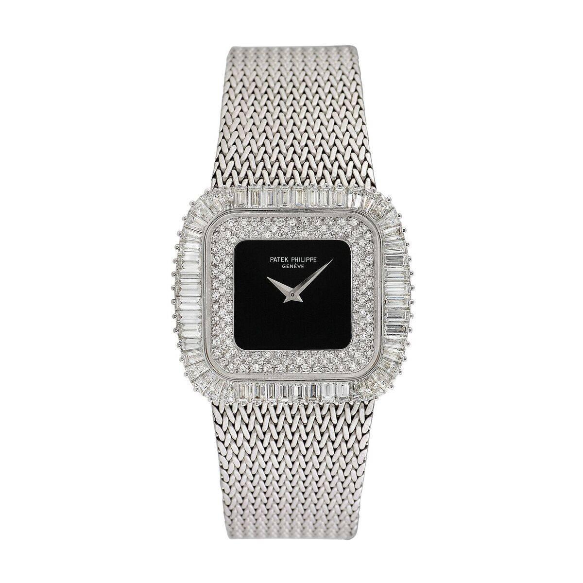 Patek Philippe White Gold Baguette Diamond Onyx Bracelet Wristwatch