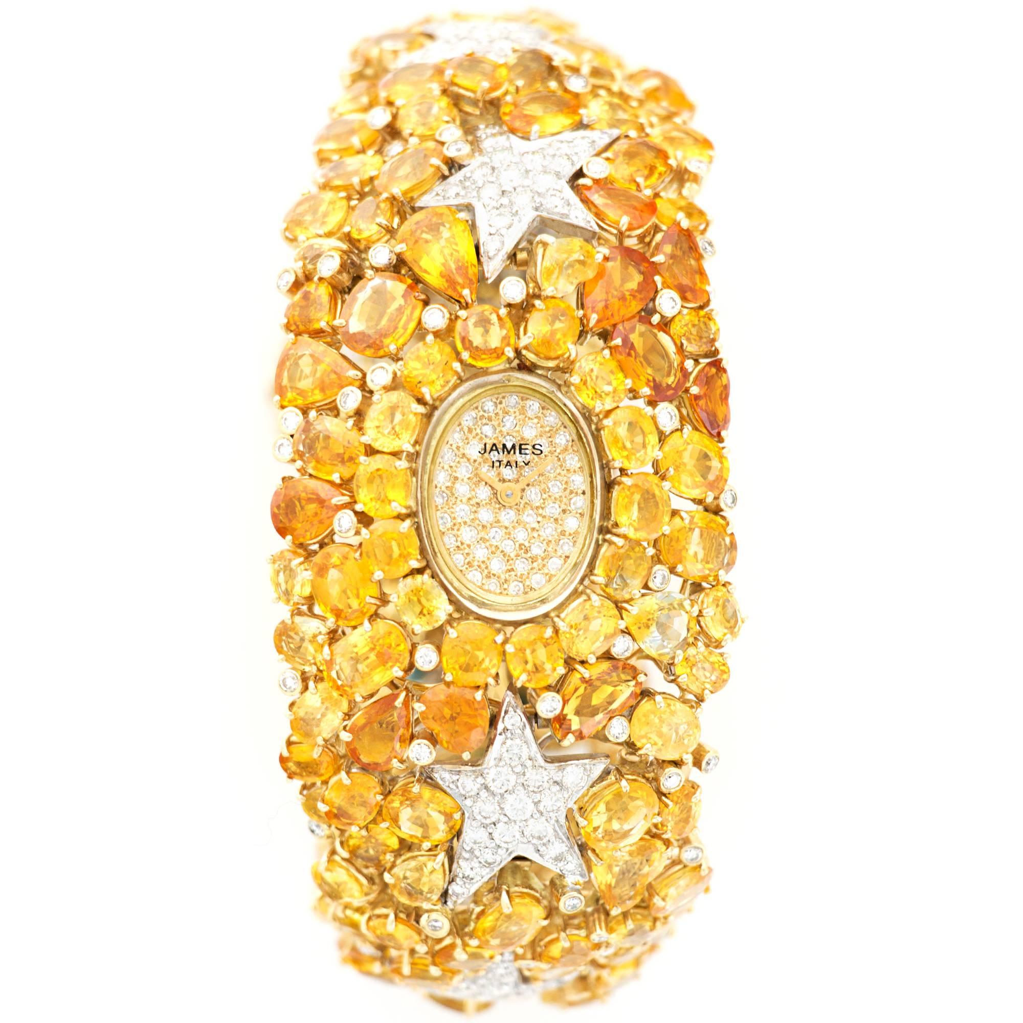  Diamond  Sapphire Yellow Gold Bracelet Watch by James Italy