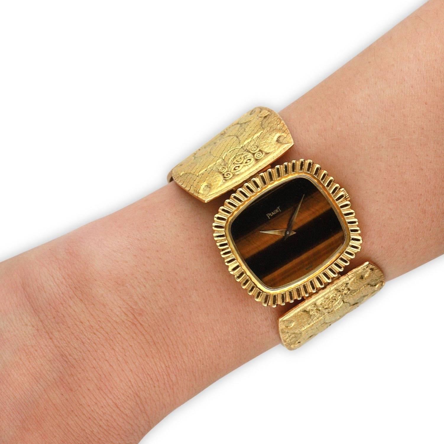 Modern Piaget Lady's Yellow Gold Tiger's Eye Bracelet Wristwatch  For Sale